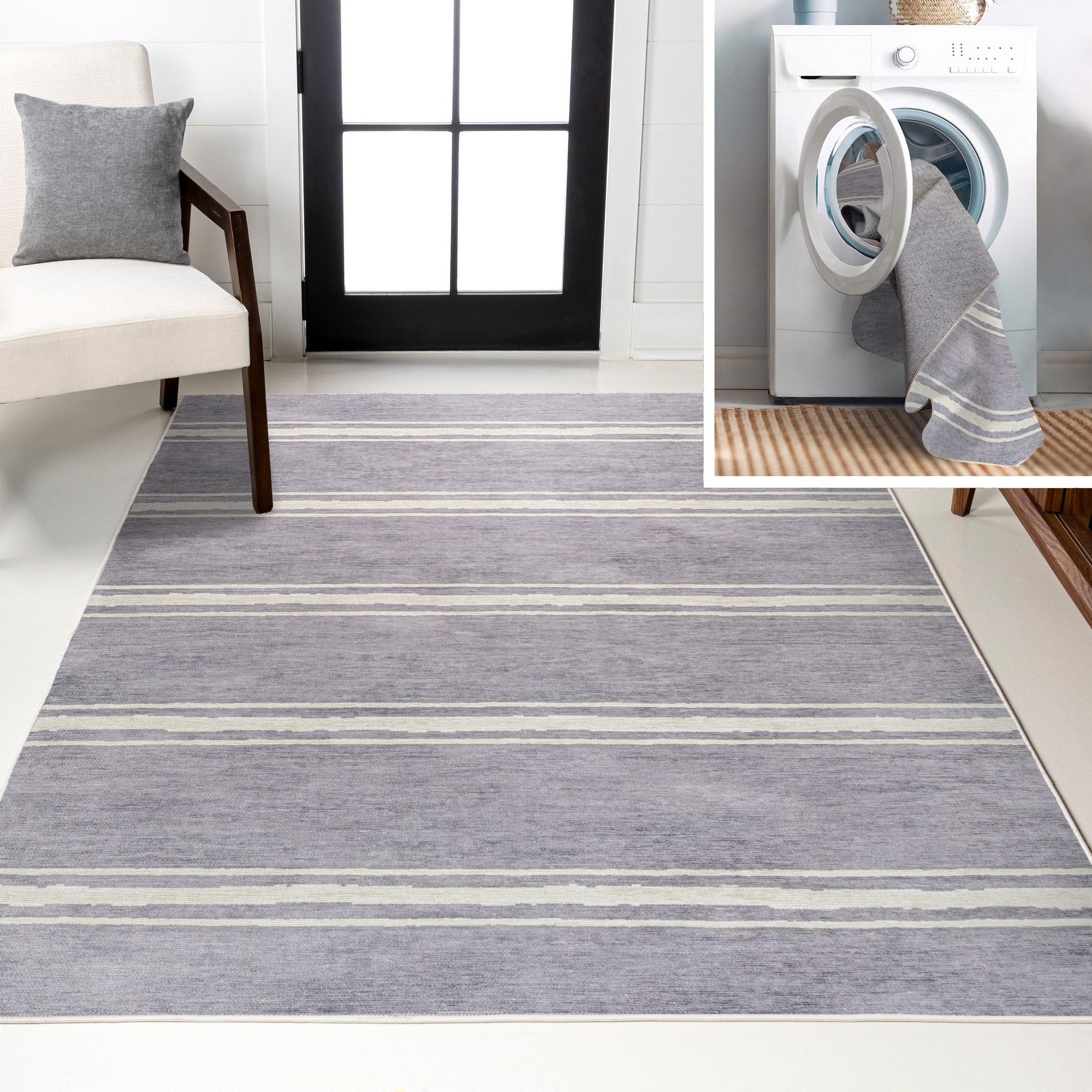 JONATHAN  Y WSH121A-5 WASHABLE Bande Distressed Ticking Stripe 5 x 8 (ft) Loomed Lavender/Ivory Rectangular Indoor Abstract French Country Machine washable Pet Friendly Area rug