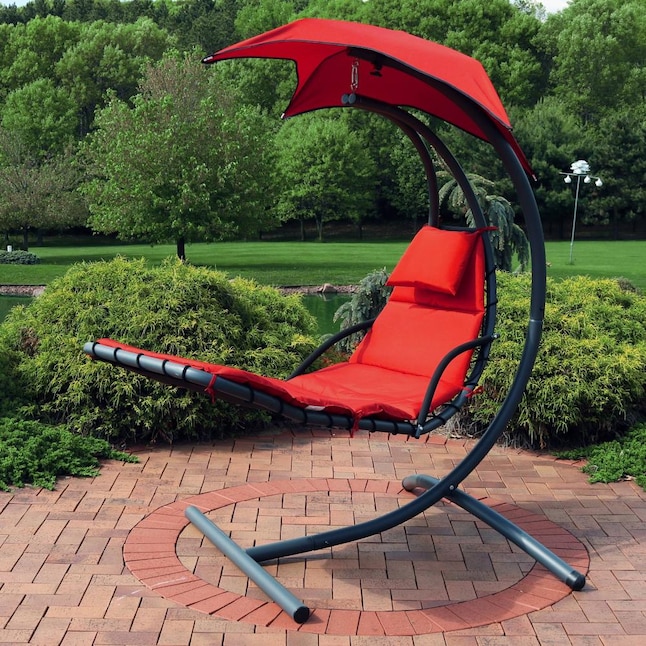 Sunnydaze Decor Black Metal Frame Hanging Chaise Lounge Chair S With Red Sling Seat In The Patio Chairs Department At Com - Patio Post Swing Lounge Chair