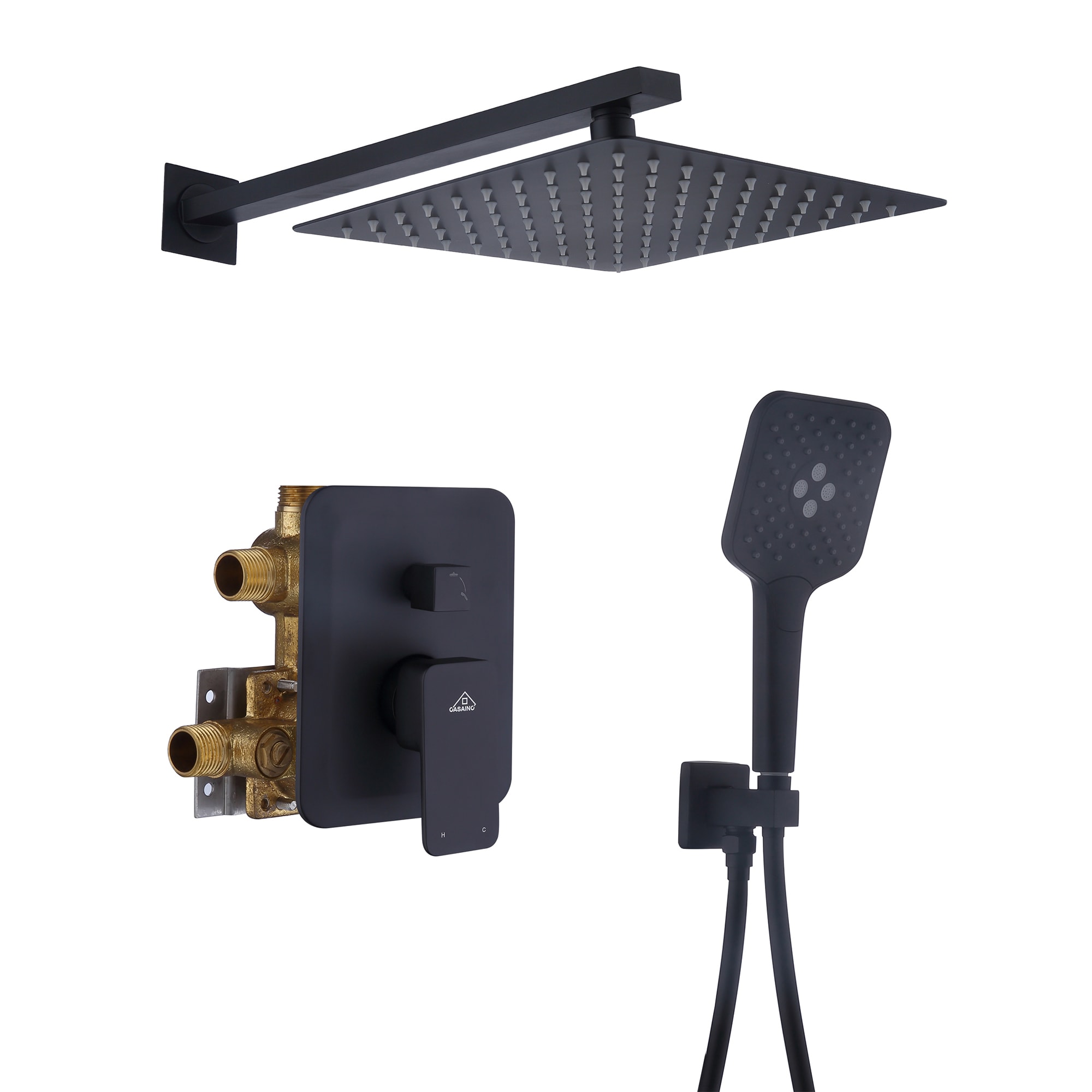 CASAINC HM-B205-SQ-MB Shower Systems Matte Black 1-handle Single function 9.8-Inches Square Shower Faucet with Valve