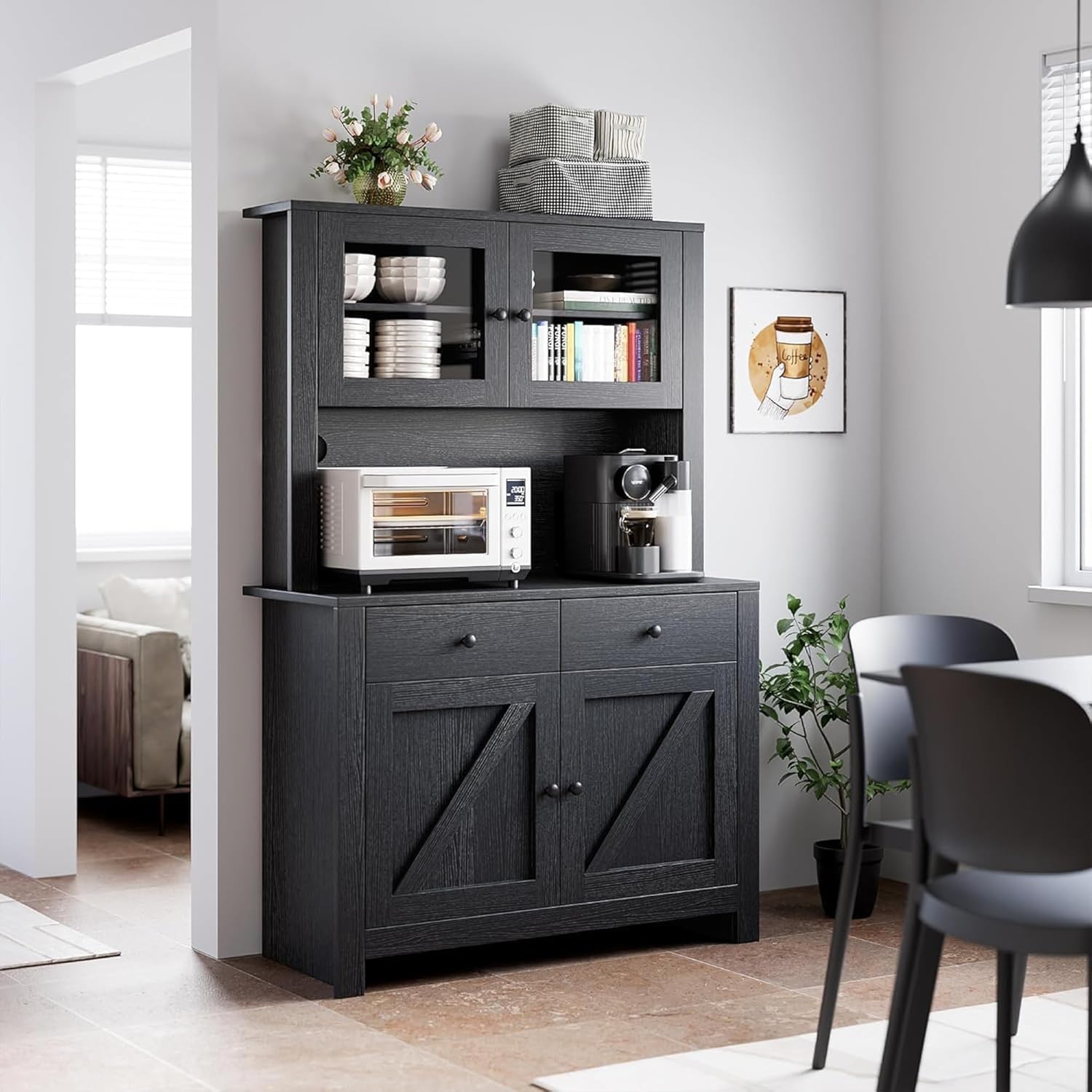 Der Rose 63 inch Tall Kitchen Pantry Cabinet with Drawers Hutch Glass ...