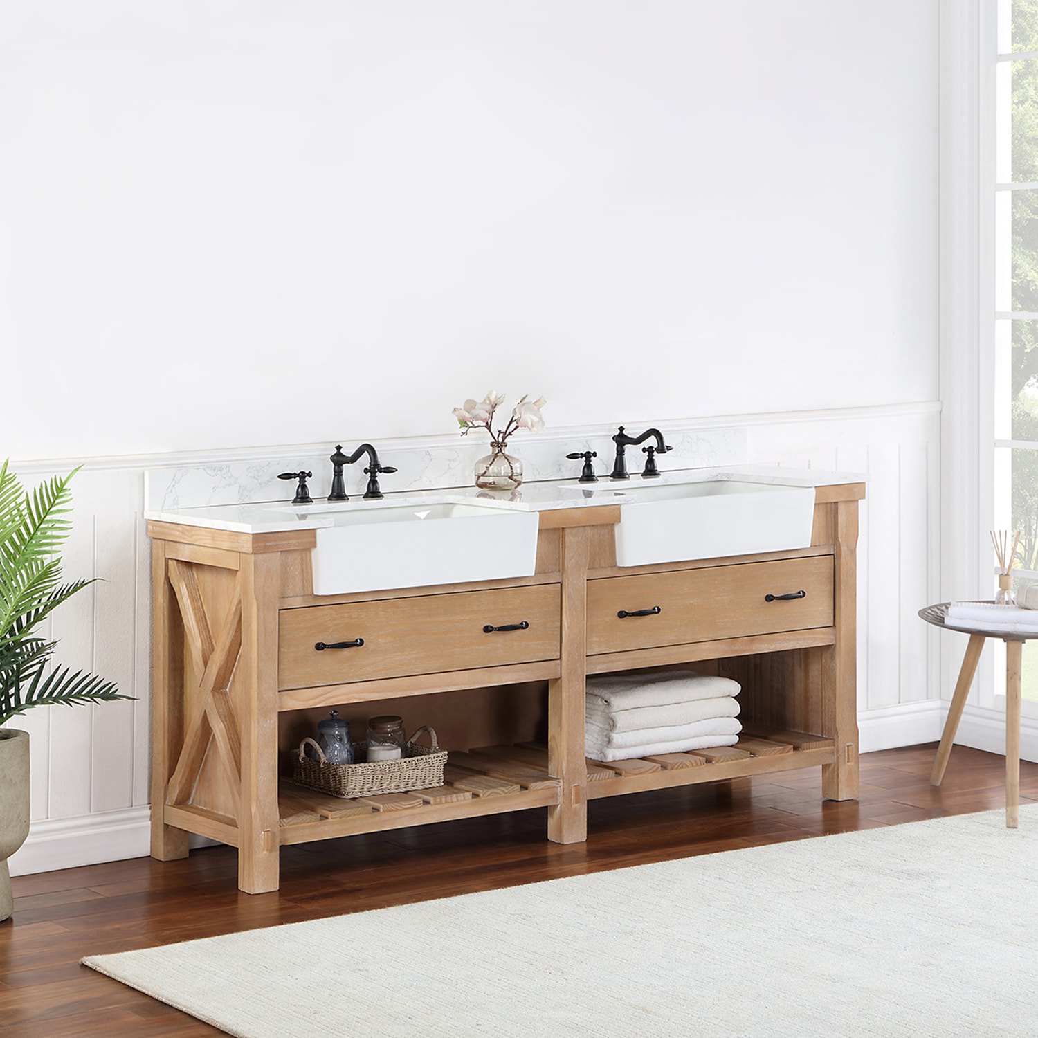 Weathered Pine Double Sink Vanity with White Stone Top
