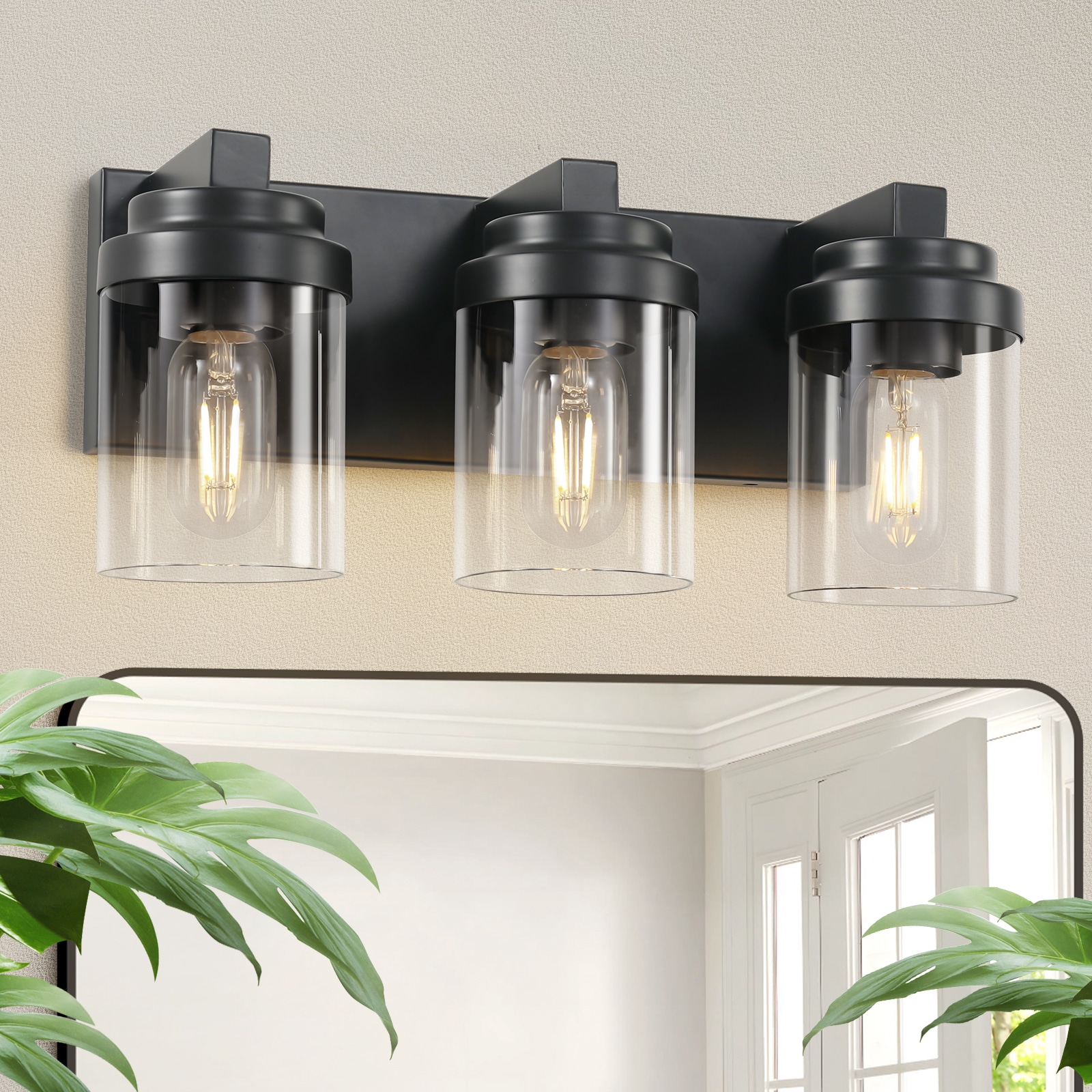 LUXEYARD 3 Light Bathroom Vanity Light  Matte Black Bathroom Light Fixtures with Clear Glass Shade  Vanity Light Fixtures Over Mirror for Bedroom Living Room(Bulb not included)