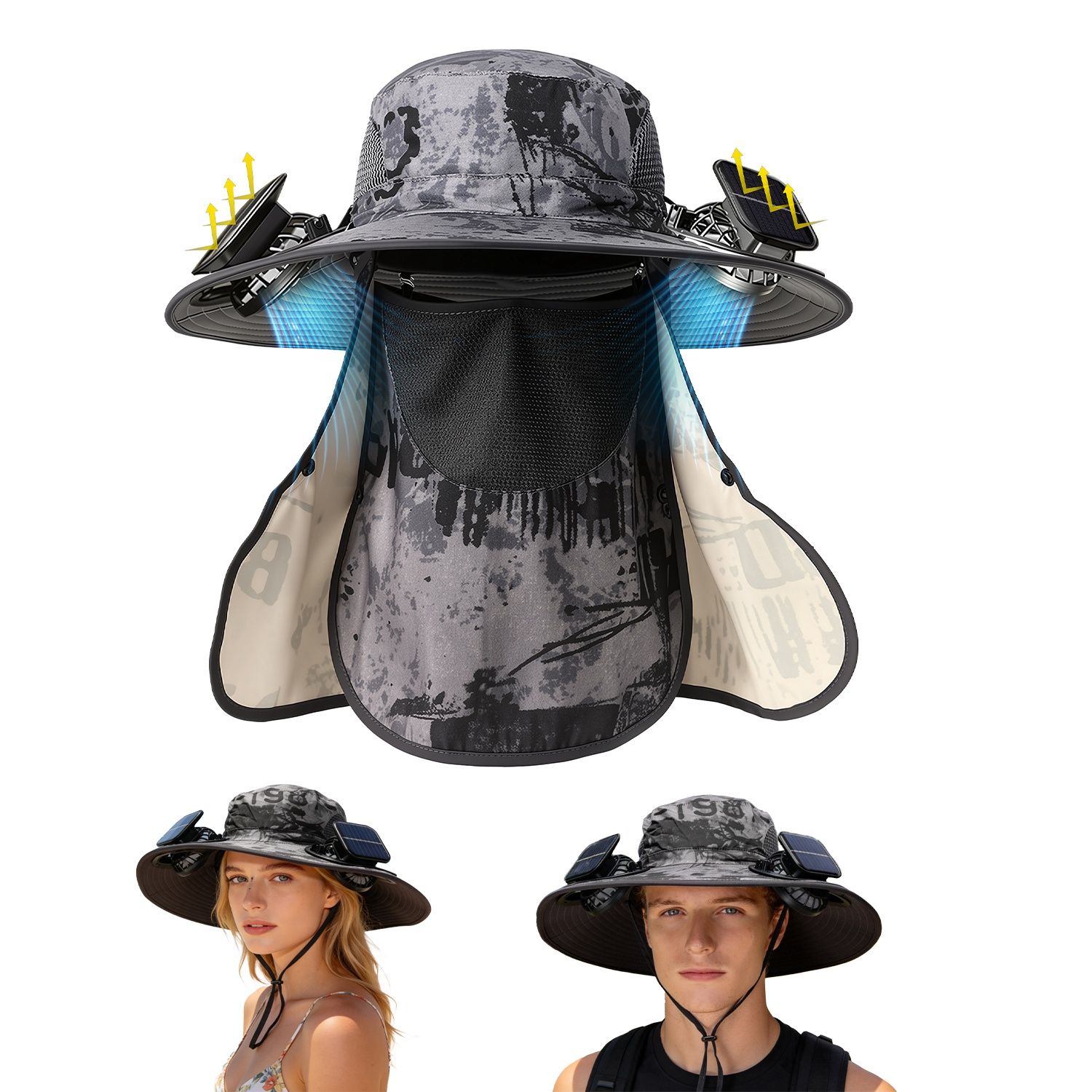 WOQWOQ 2 In 1 Solar Fan Hat UPF50+ Unisex Wide Brim Fishing Hat Face Cover Neck Flap USB Solar Charging Outdoor Work Dark Grey Ink