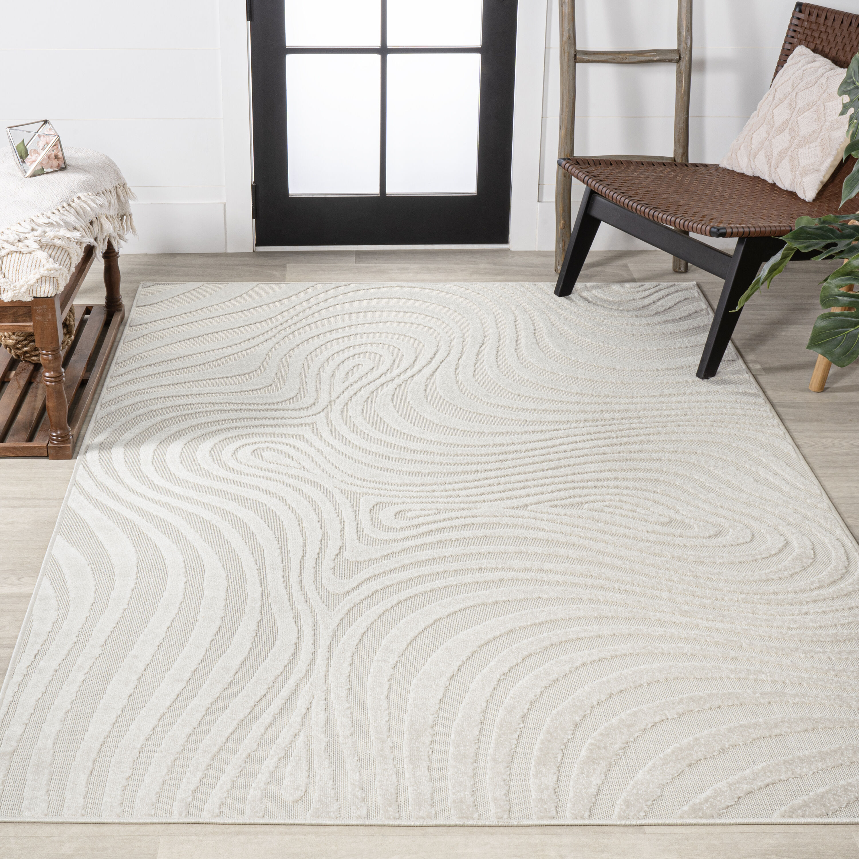 JONATHAN  Y SCN103A-13 SCANDINAVIAN Maribo High-Low Groovy Striped 10 x 13 (ft) Polypropylene Cream/Ivory Rectangular Indoor Stripe Mid-Century Modern Area rug