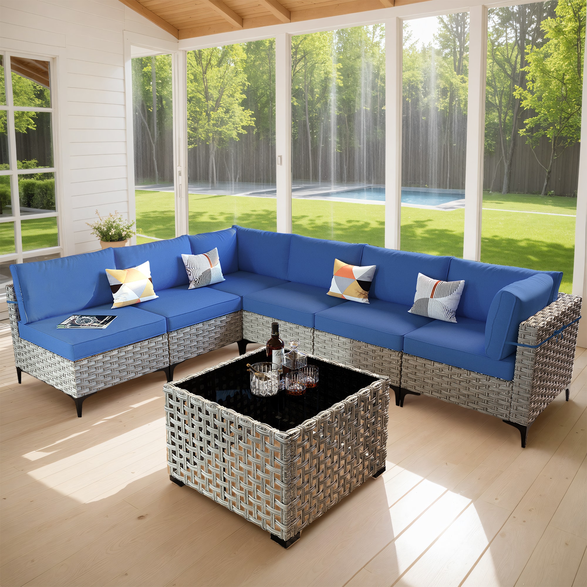 Pouuin SKT707 Wicker Outdoor Sectional with Navy Cushions and Wicker Frame