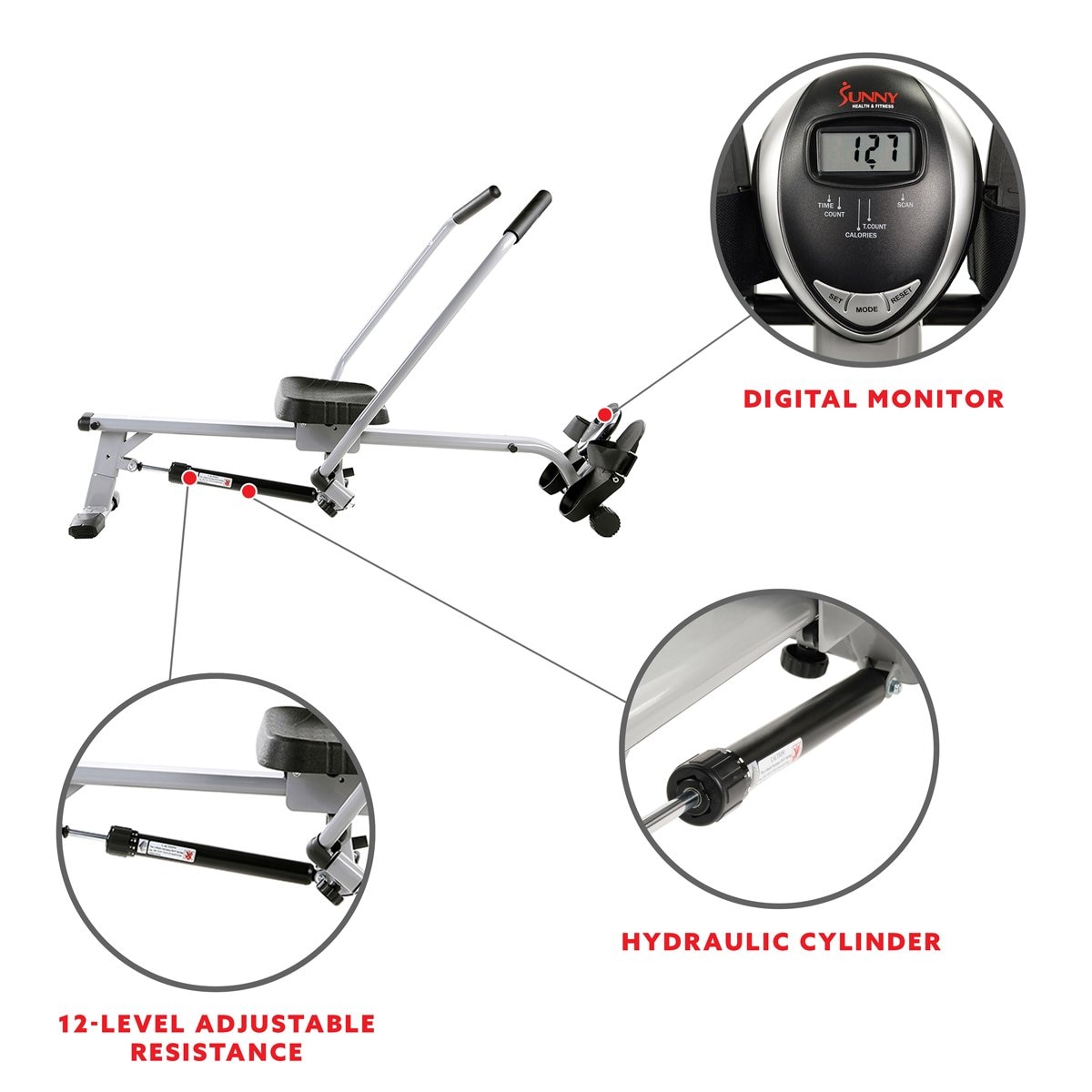 Sunny Health & Fitness Hydraulic Rowing Machine with Full Motion Arms, LCD  Display, and Adjustable Resistance Levels - Silver in the Rowing Machines  department at