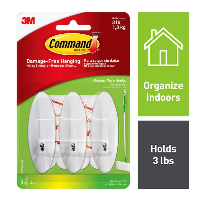 Command Medium 3-Pack White Adhesive Wire Hook (3 lbs. Capacity) in the  Utility Hooks & Racks department at