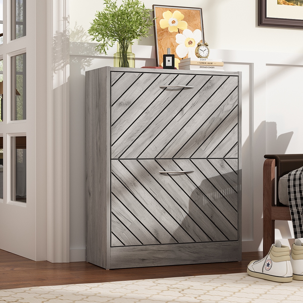 Homsee C-KF200189-02 Gray Wood Grain 12 Pair Shoe Storage Cabinet with 2 Drawers and 4 Foldable Compartments Modern MDF Organizer with Metal Handles