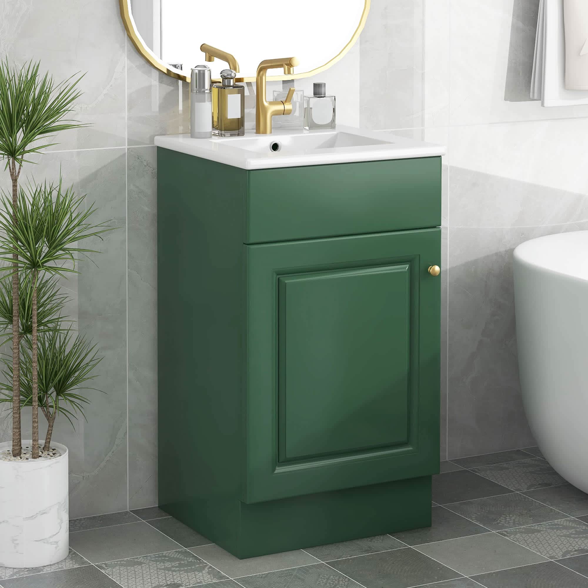 Misty Moon LW0406-NHBO-YSG-51 18 Inch Green Bathroom Vanity with Sink Vanity Cabinet with Door Shelf and Adjustable Shelf
