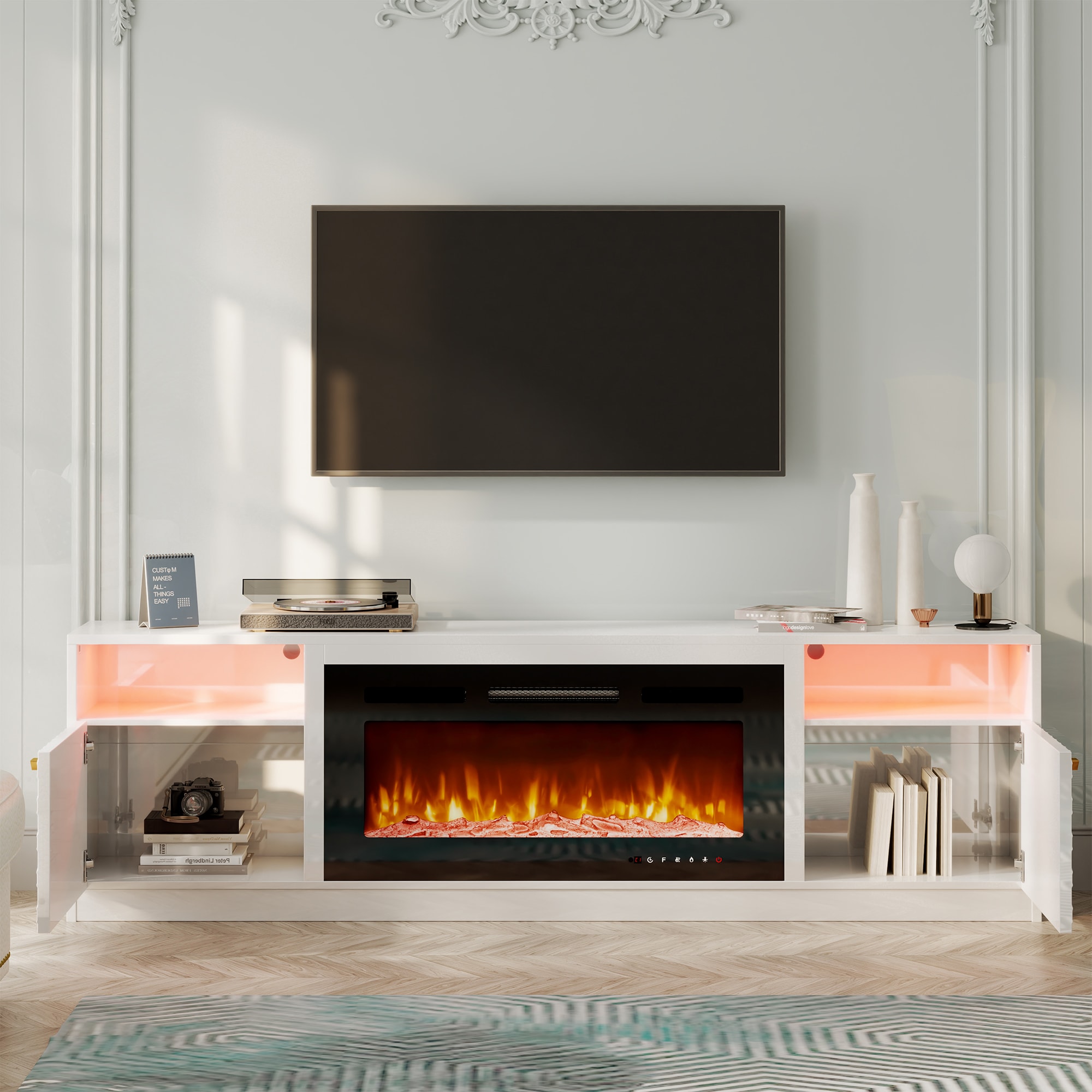 Clihome BL-JHGMA136-WH 70.07-Inches W White TV Stand with Fan-forced Flat wall Electric Fireplace with Remote Control Included