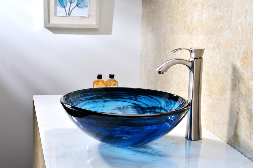 ANZZI Soave Sapphire Wisp Tempered Glass Vessel Round Modern Bathroom ...