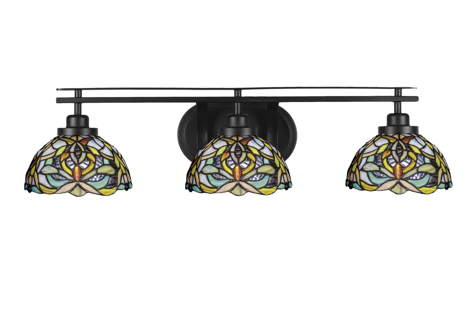 Toltec Odyssey - 3 Light Bath Bar-7.25 Inches Tall and 29.5 Inches Length-Matte Black Finish-Kaleidoscope Art Glass Color