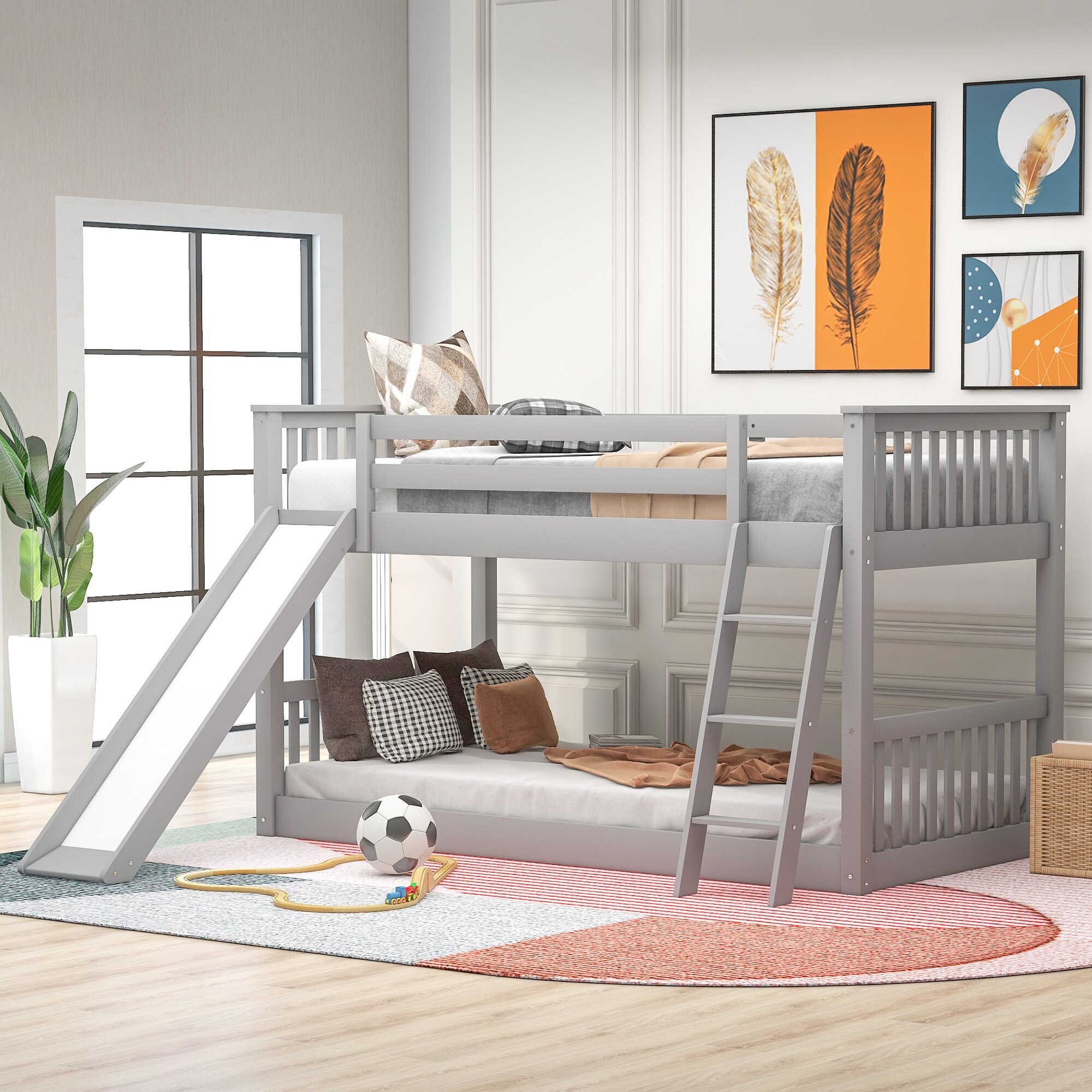 LOVMOR SF-Y-GX000213AAE-1 Twin over Twin Bunk Bed with Convertible Slide and Ladder Gray