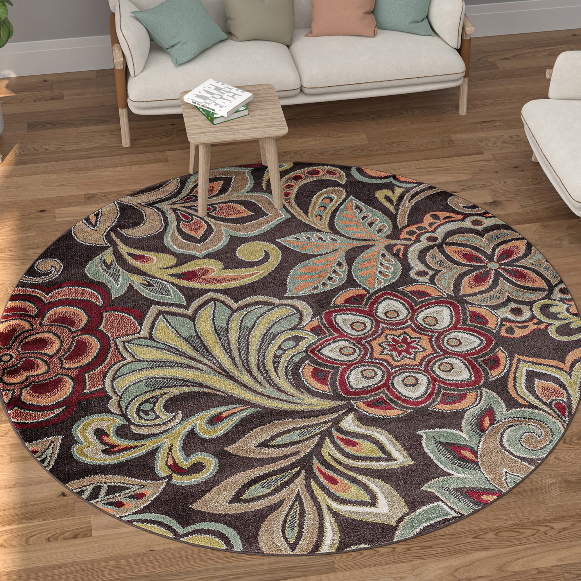 Tayse DCO1024 6RND Deco 6 x 6 (ft) Loomed Polypropylene Brown Round Indoor Floral/Botanical Farmhouse/Cottage Area rug