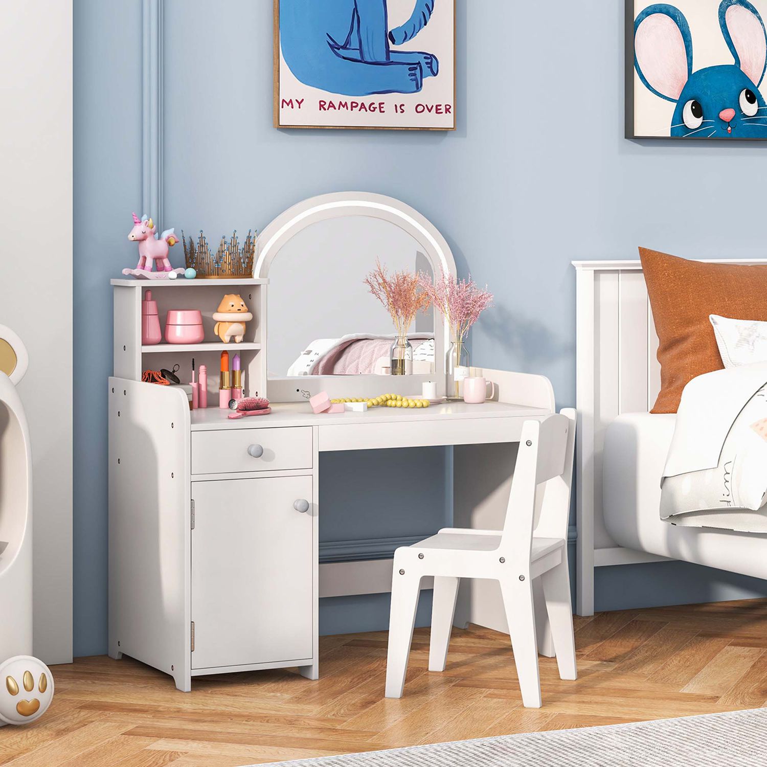 Costway CSHY001366 Kid Vanity Table Chair Set 2-Color LED Lights Large Drawer Shelf Cabinet White