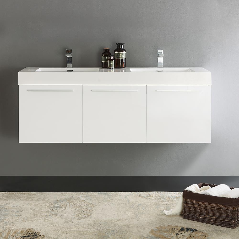 Fresca FCB8093WH-D-I Vista 60-in White Double sink Floating Bathroom Vanity with White Acrylic Top