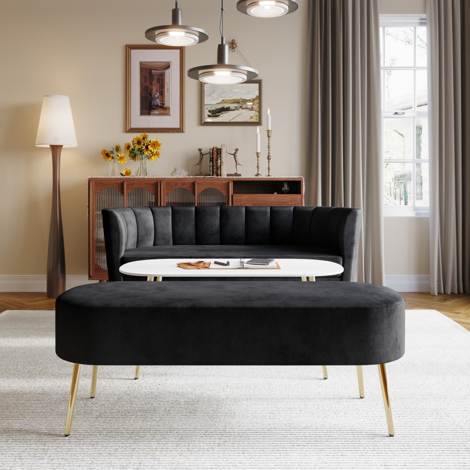 Home Design 30018-331 Moveis 57.1-in Midcentury Black Velvet 2 -seater Loveseat