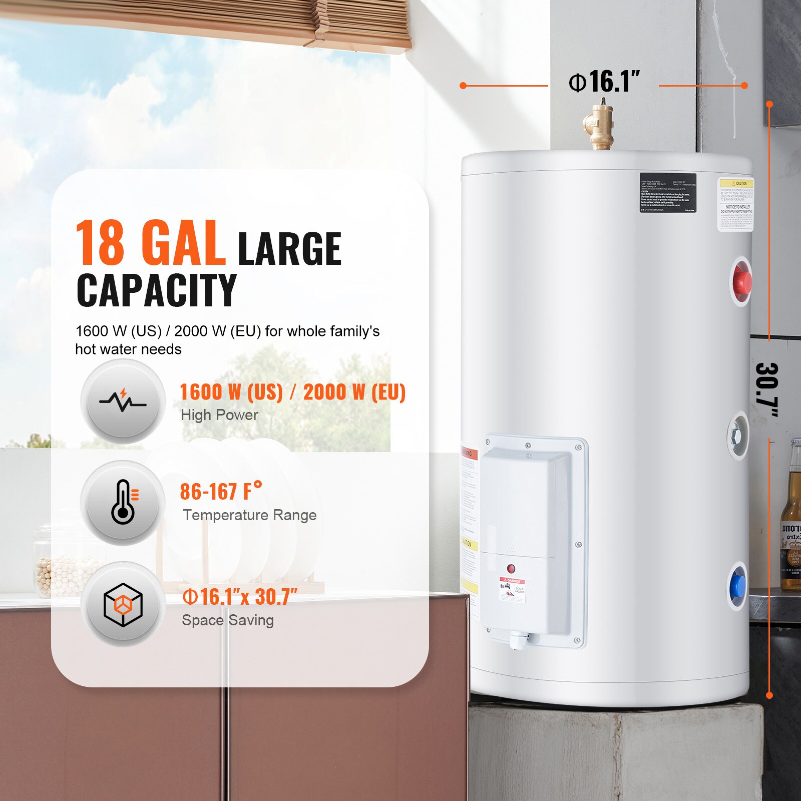 Mecale 18-Gallon Tank Electric Water Heater 1.6-kW with LED Display ...
