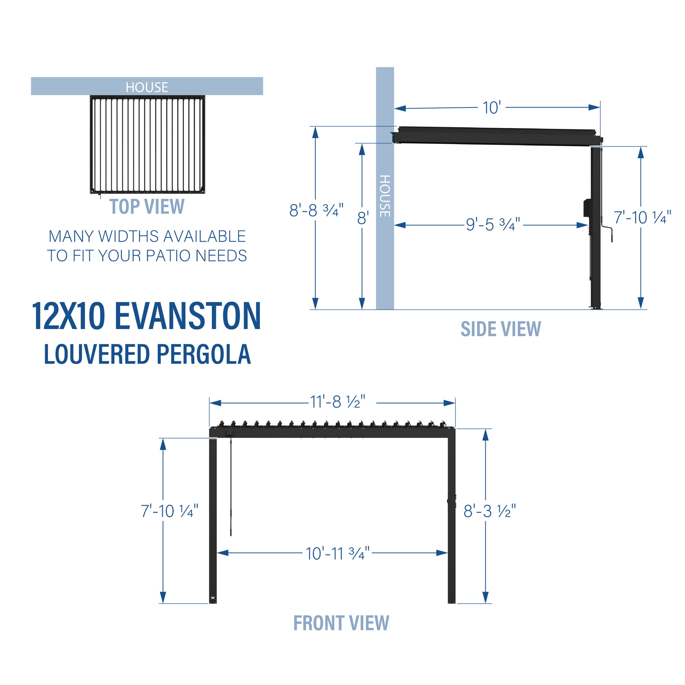 Evanston 12 ft. x 10 ft. Black Galvanized Steel Wall-Mounted Pergola