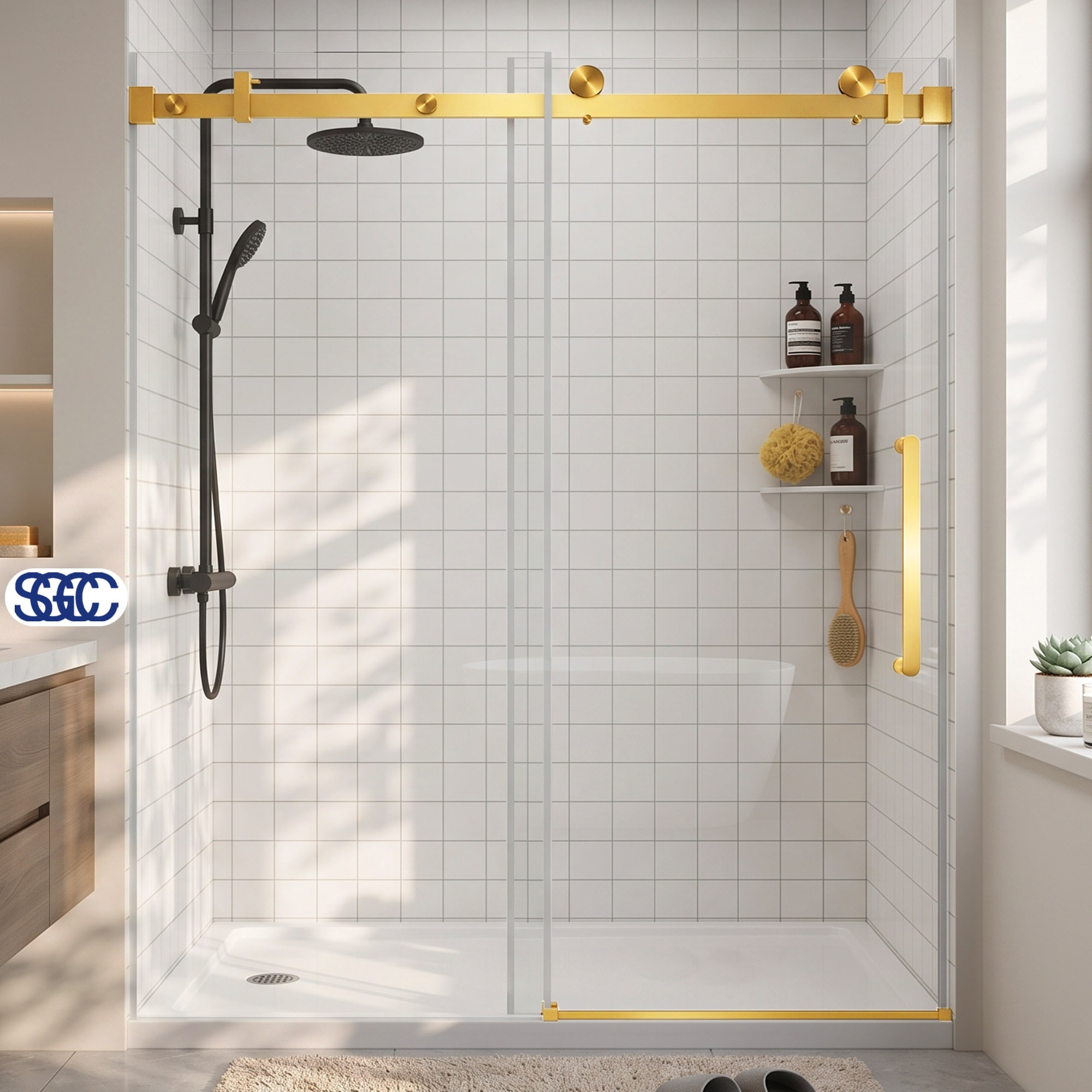 Cuschoice  56-60 in Wx60 in H Gold Semi-Frameless Single Sliding Tub Shower Door 6mm Clear Explosion Proof Tempered Glass