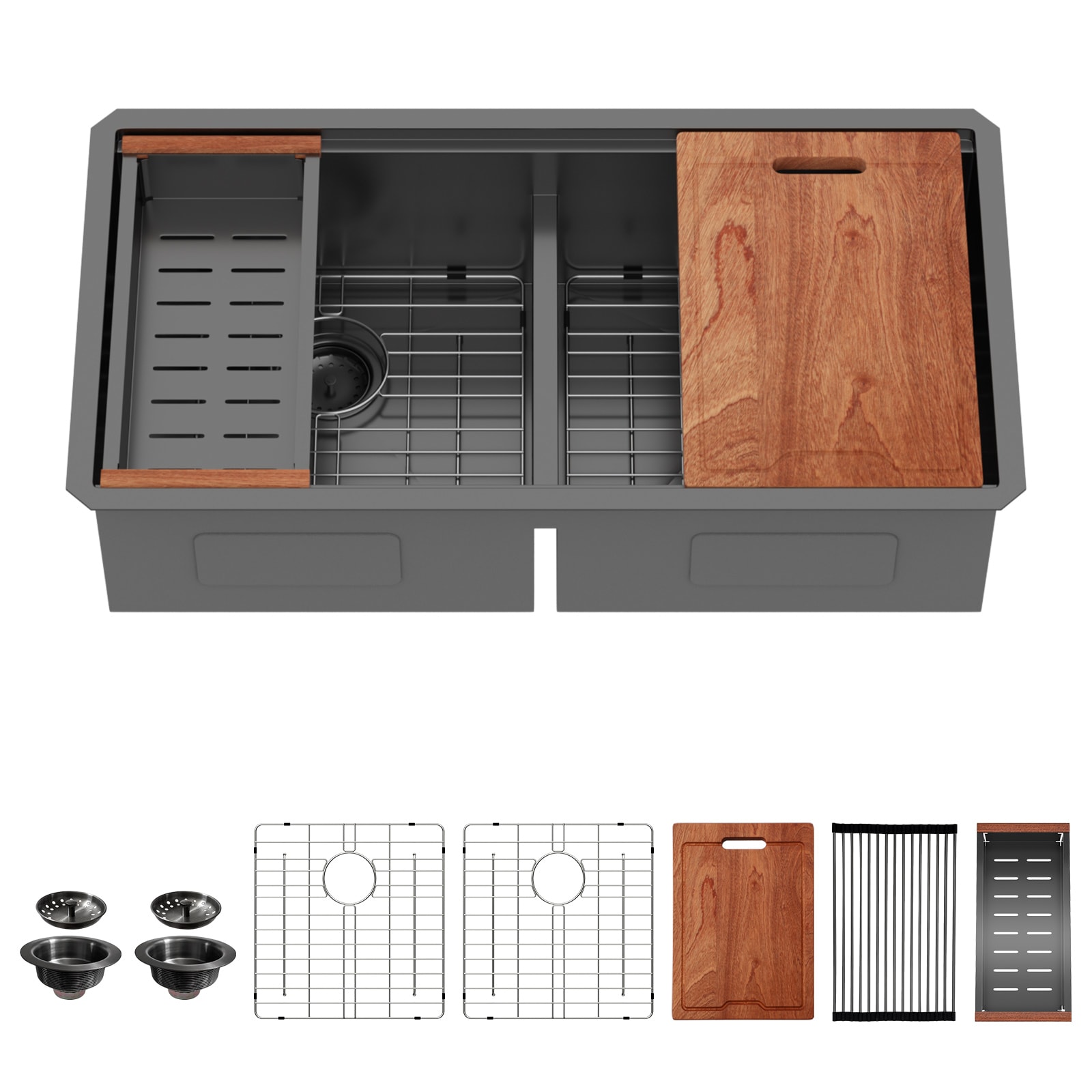 LIVIZA Nano Gunmetal Black Undermount 36-in x 19-in Stainless steel Double equal bowl 16 -Gauge Workstation Kitchen Sink with Drainboard