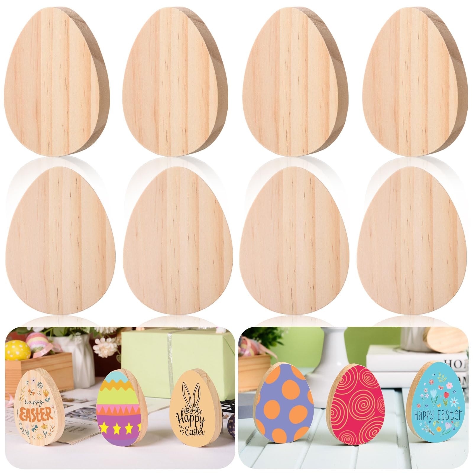 Phyfalip  12 pcs Easter Egg Wooden Cutouts Unfinished Wood Egg Shape Table Signs for DIY Crafts Spring Easter Centerpieces and Tray Decor