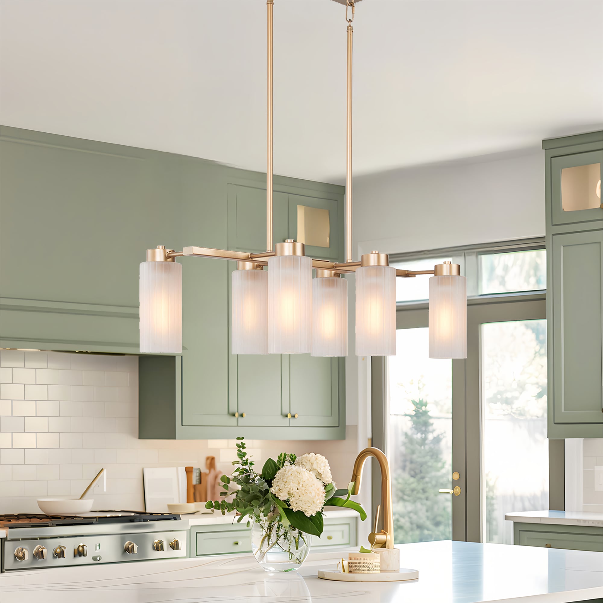 LNC MB6NBILWS3926A7 Layla 6 -Light Matte Gold and Frosted Glass Modern/contemporary Frosted glass Linear Medium Hanging Kitchen island light