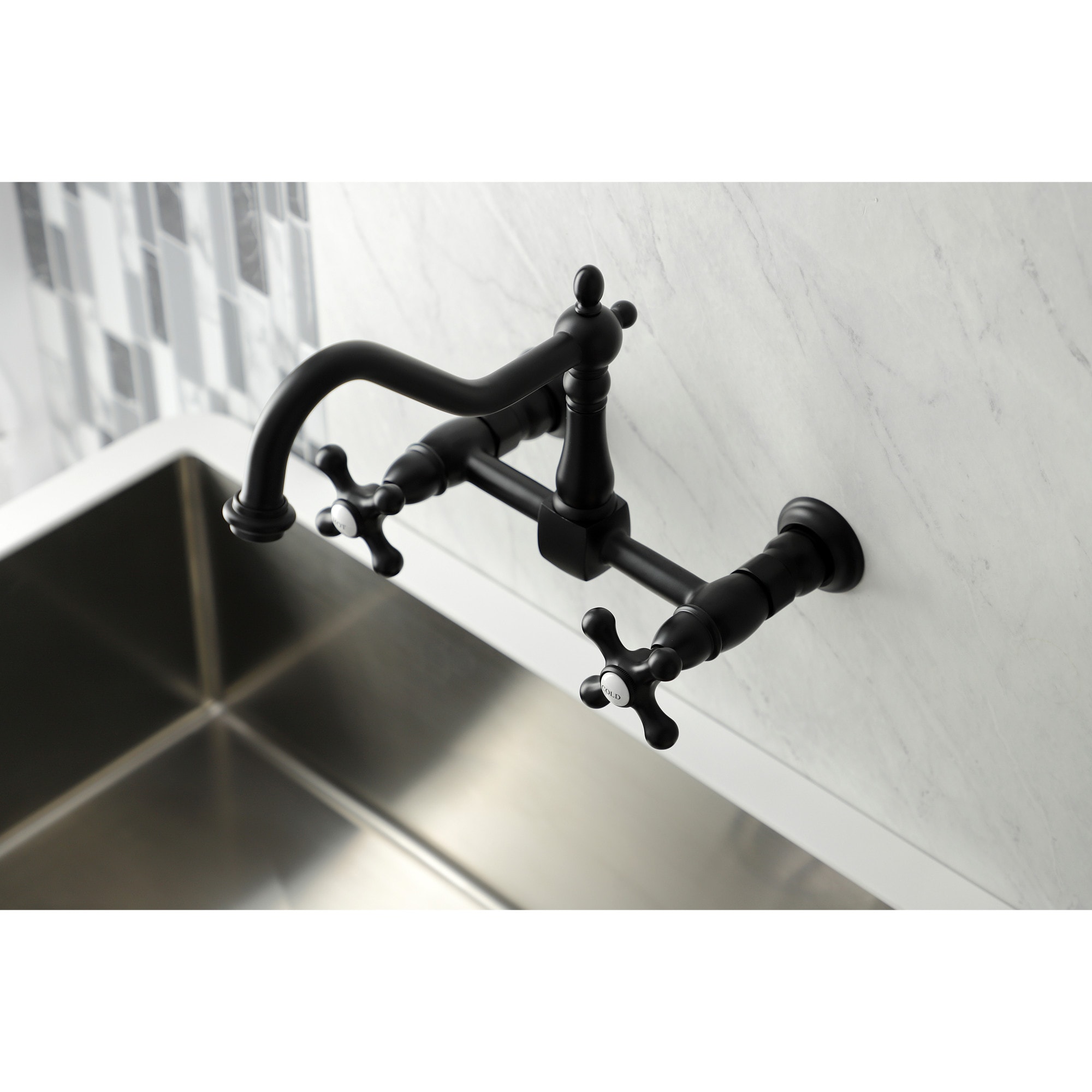 Kingston Brass WLKS1240AX Matte Black Double Handle Wall-mount Kitchen Faucet