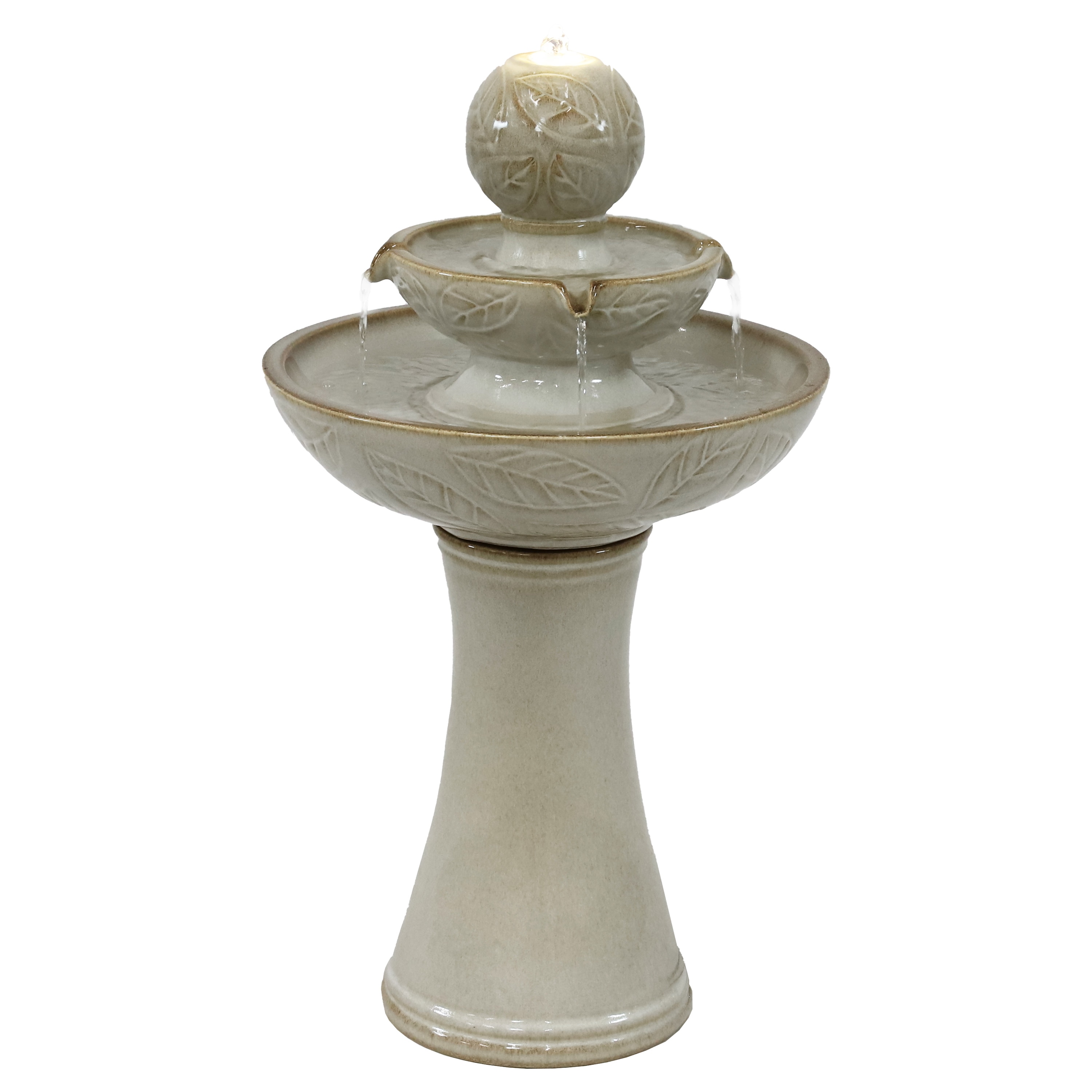 Off-White Ceramic 2-Tier Outdoor Fountain with LED Lights