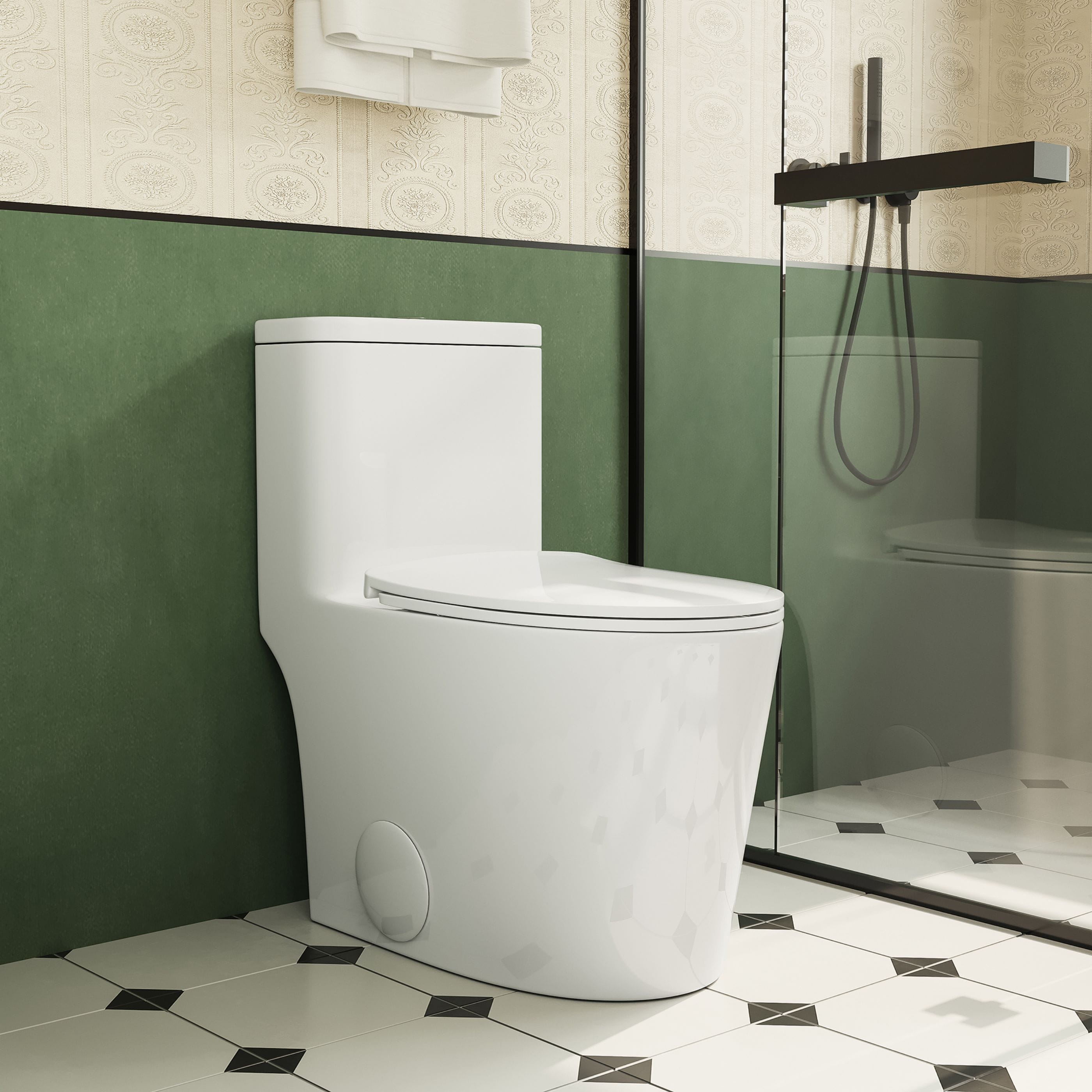 WELLFOR QPZ-PB24932 TL White Elongated Standard height 12-in Rough-In WaterSense 1.6 GPF Dual Slow Close Feature 1-piece Toilet
