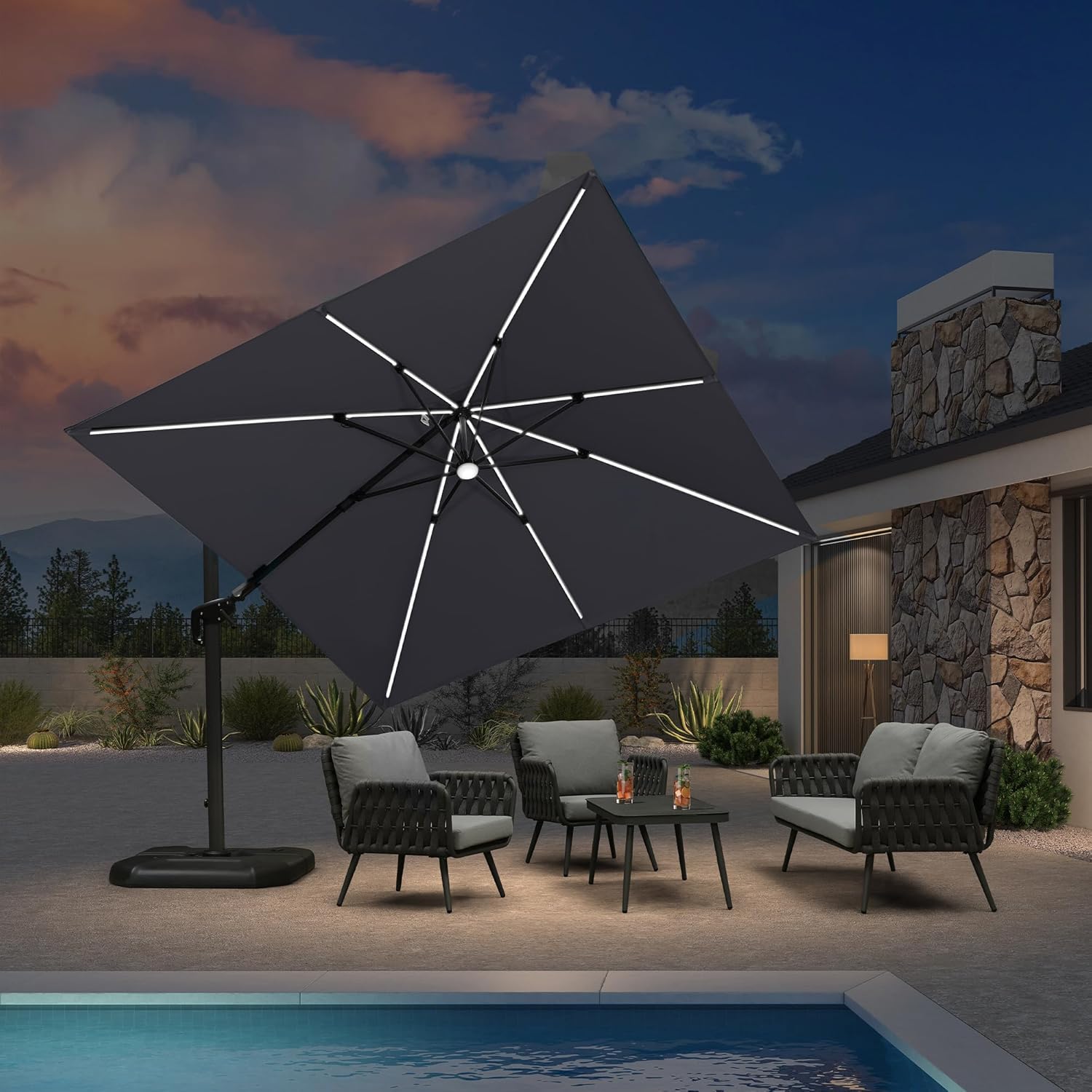 PURPLE LEAF LS04XHSXT10-LG 10-ft Aluminum Light gray Crank Cantilever Patio Umbrella with Lights and
