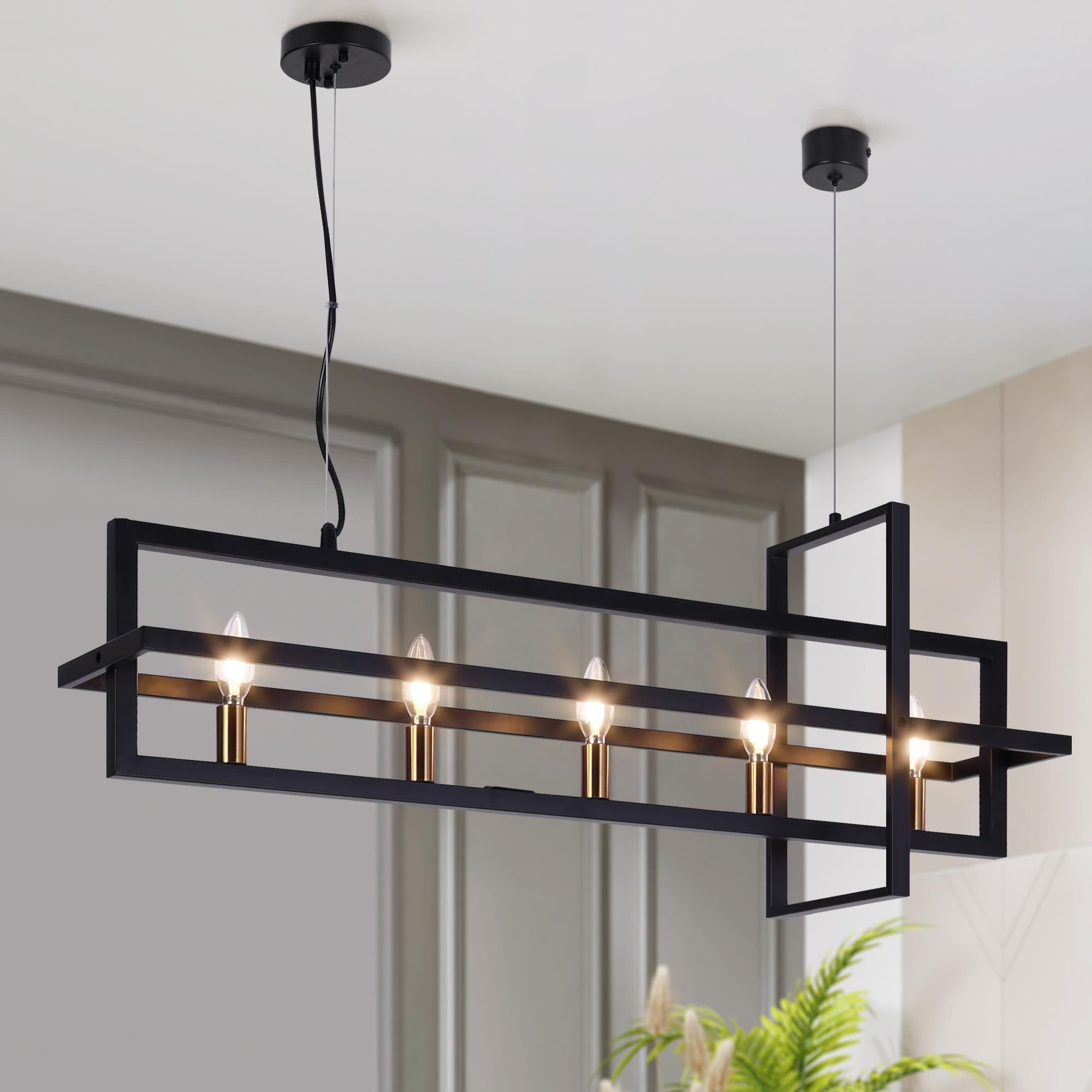 LNC L2EJYQI5159G9C Butterscouch 36.7'' Oversize 5 -Light Matte Black and Polished Gold Geometric Transitional Linear Large Hanging Kitchen island light