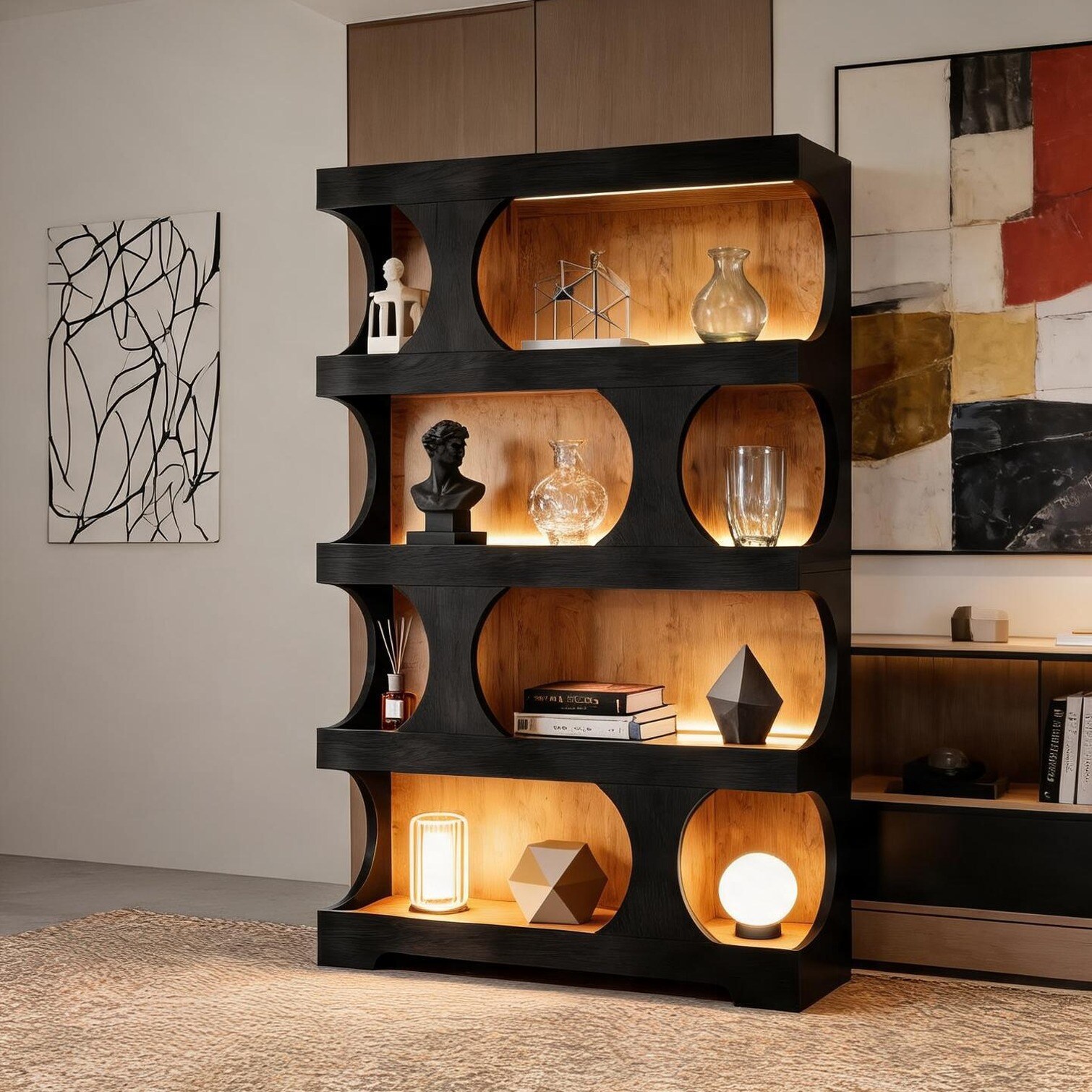 FlowLuxe Tall 4-Tier Freestanding Bookcase with S-Shaped Shelves in Classic Black and Brown