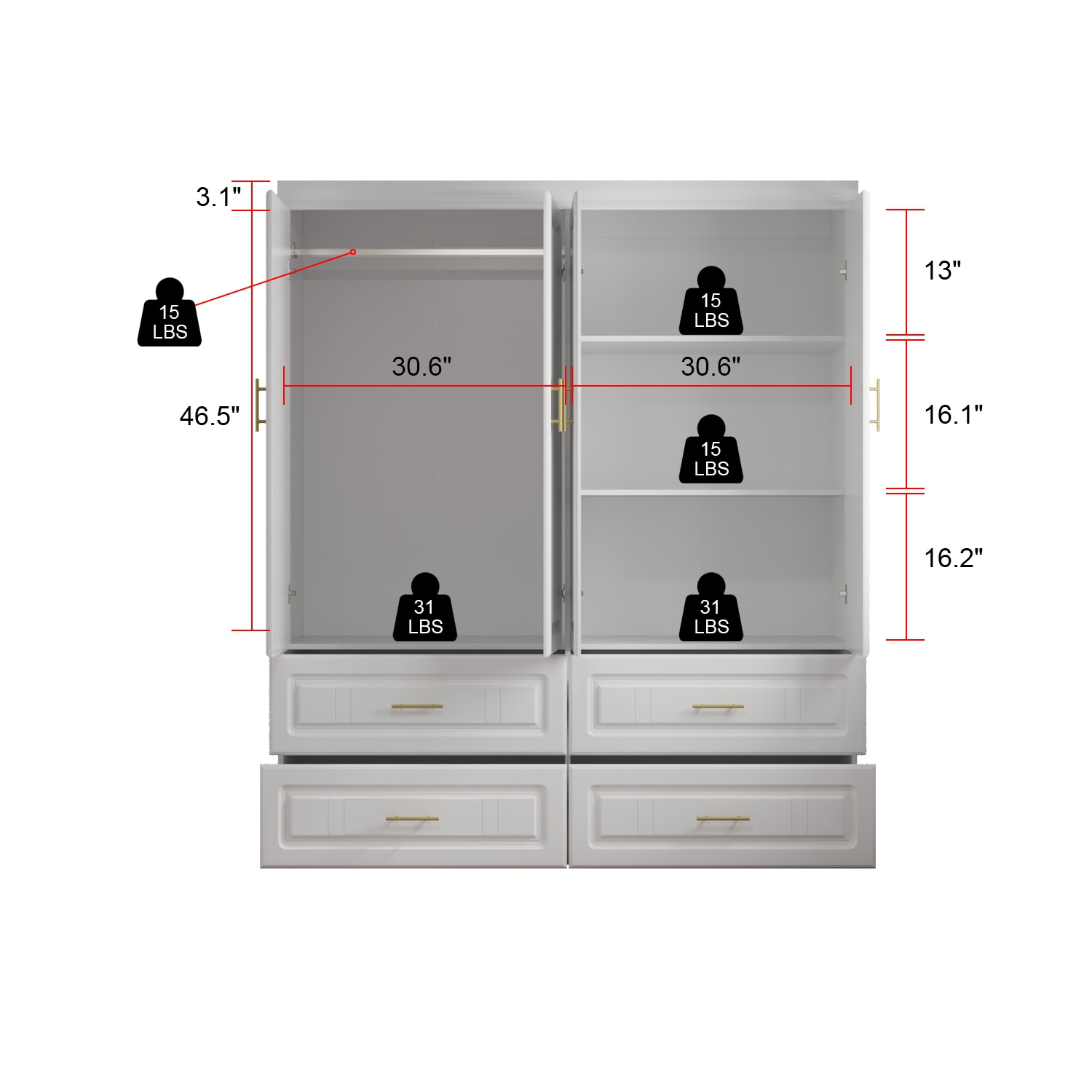 FUFU&GAGA White 8-Door Big Wardrobe Armoires with Hanging Rod, 4-Drawers,  Storage Shelves 93.9 in. H x 63 in. W x 20.6 in. D KF250023-01234 - The  Home