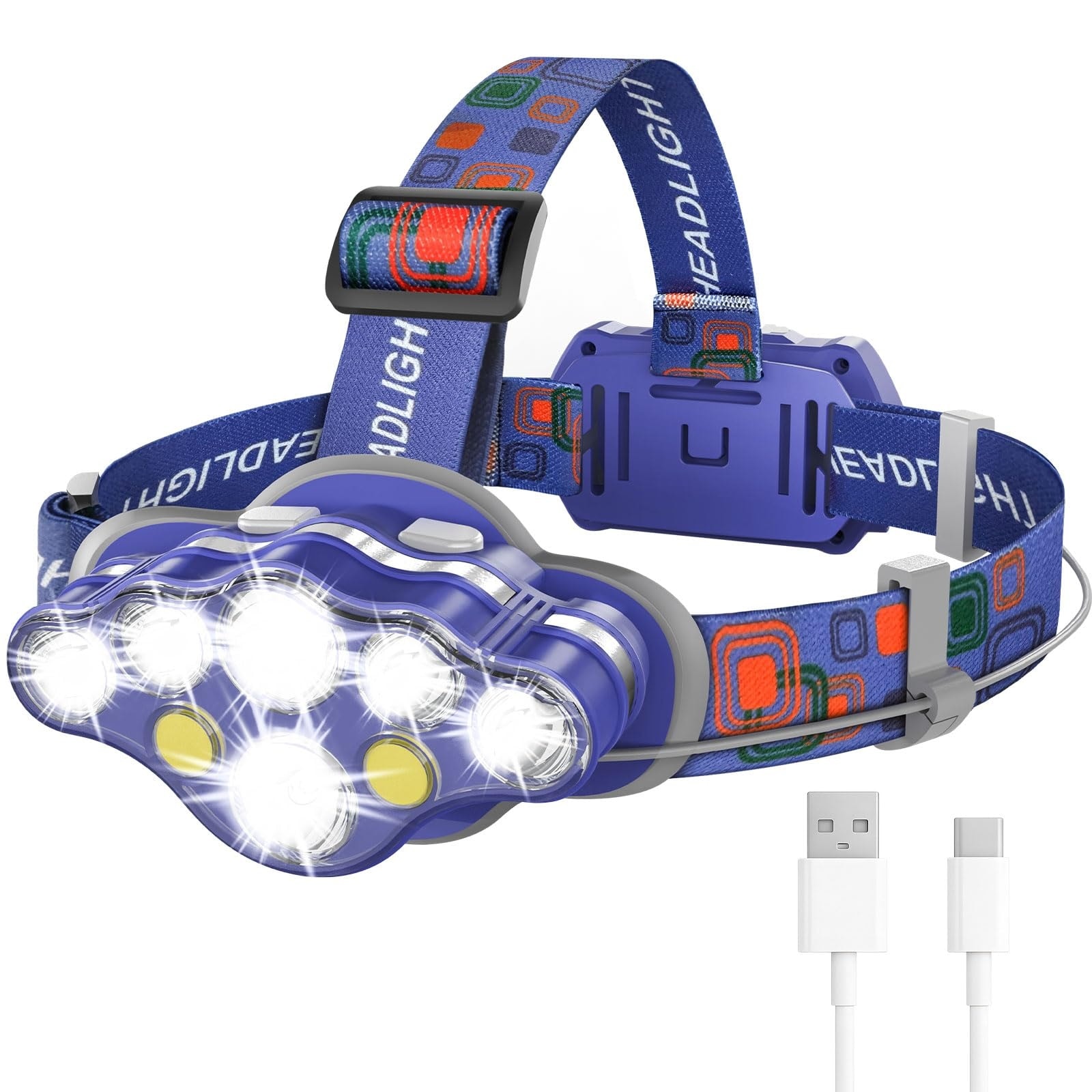 Justincity 1 Piece Rechargeable 8 LED Headlamp with White and Red Light 8 Modes Adjustable Waterproof Headlight for Outdoor Hiking Running Camping #LJT0502L55