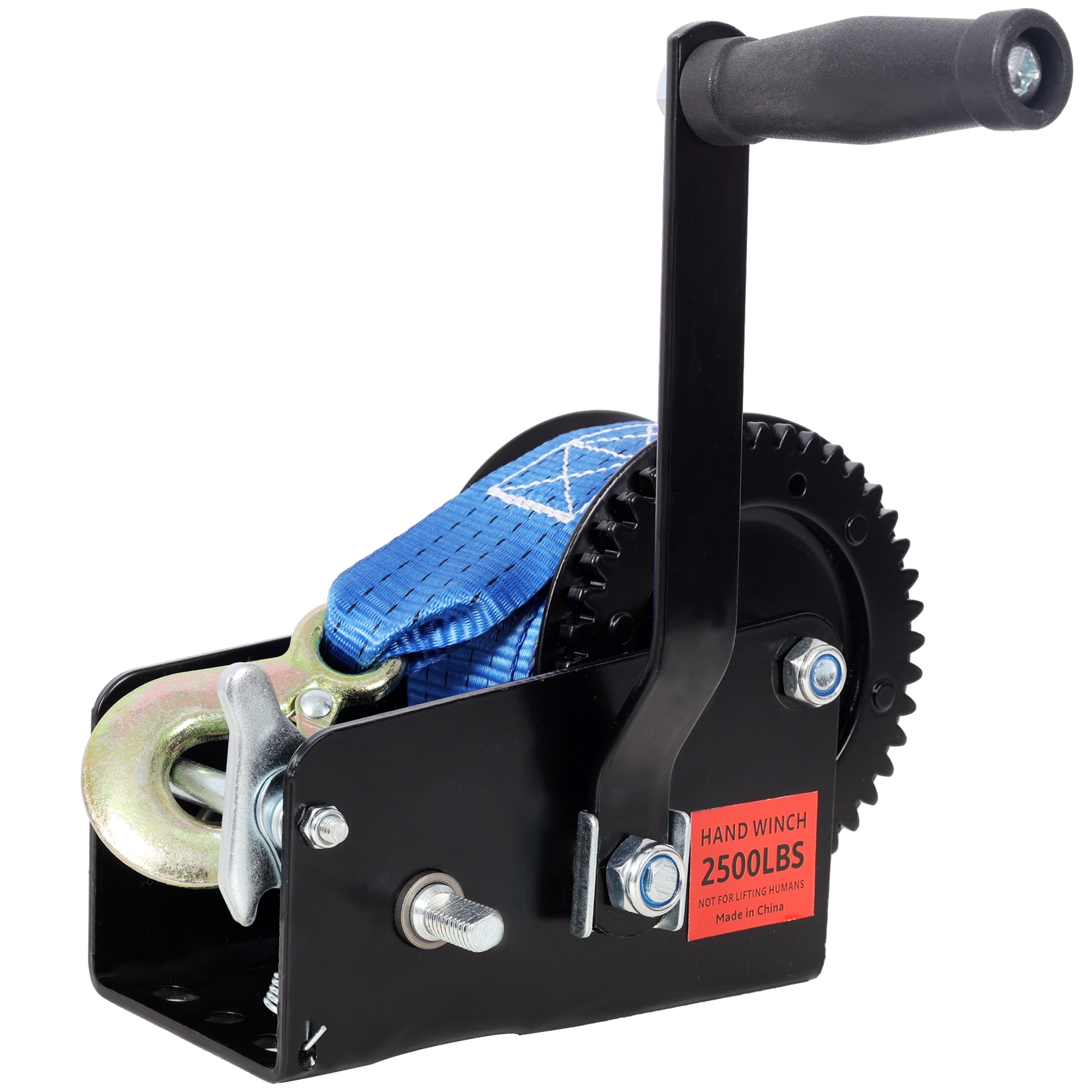Vorene 2500LBS Hand Winch 32.8FT Blue Strap Black Shell 4.1:2.4:1 Ratio Trailer Boat ATV