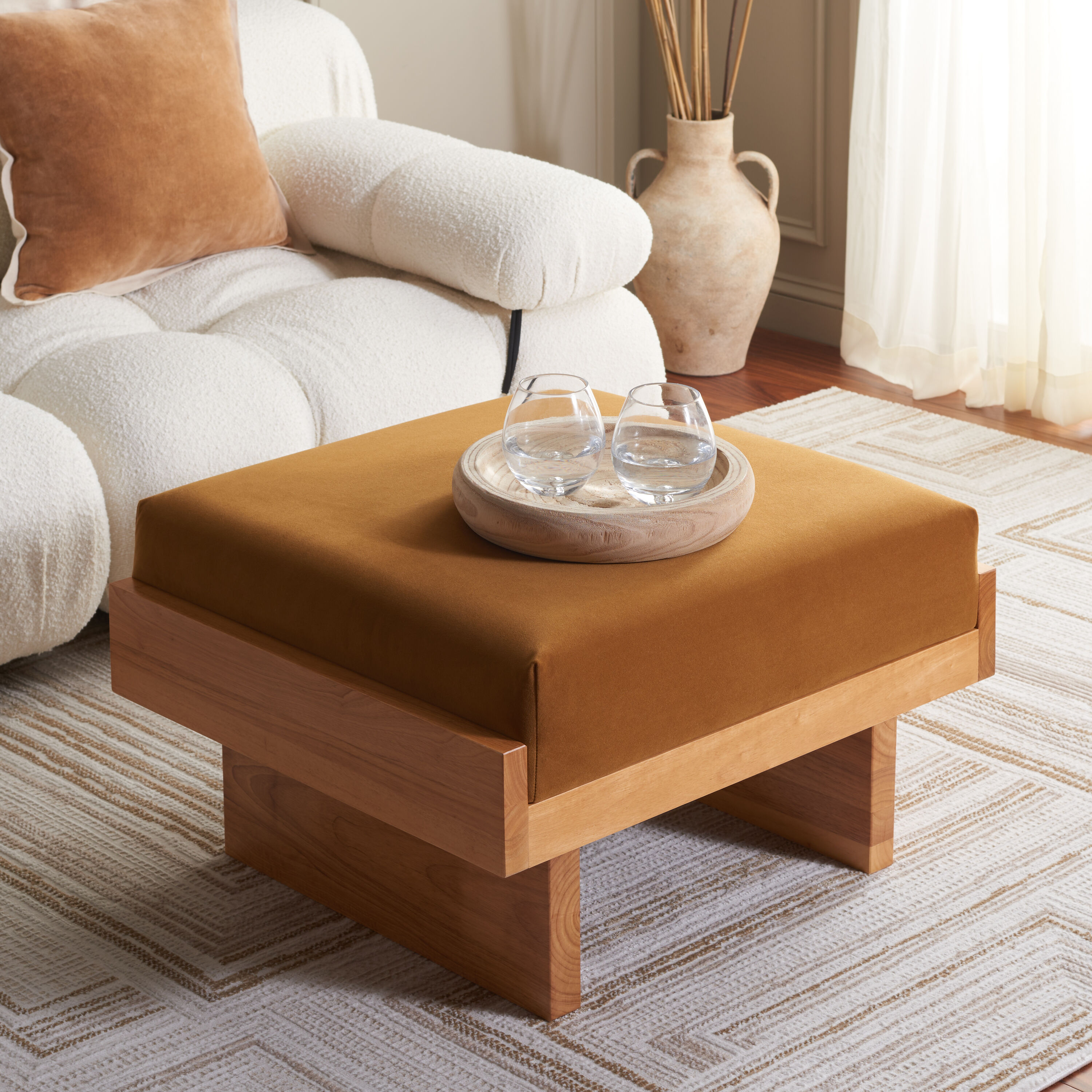 Safavieh OTT3400A Modern Mustard/Natural Velvet Ottoman
