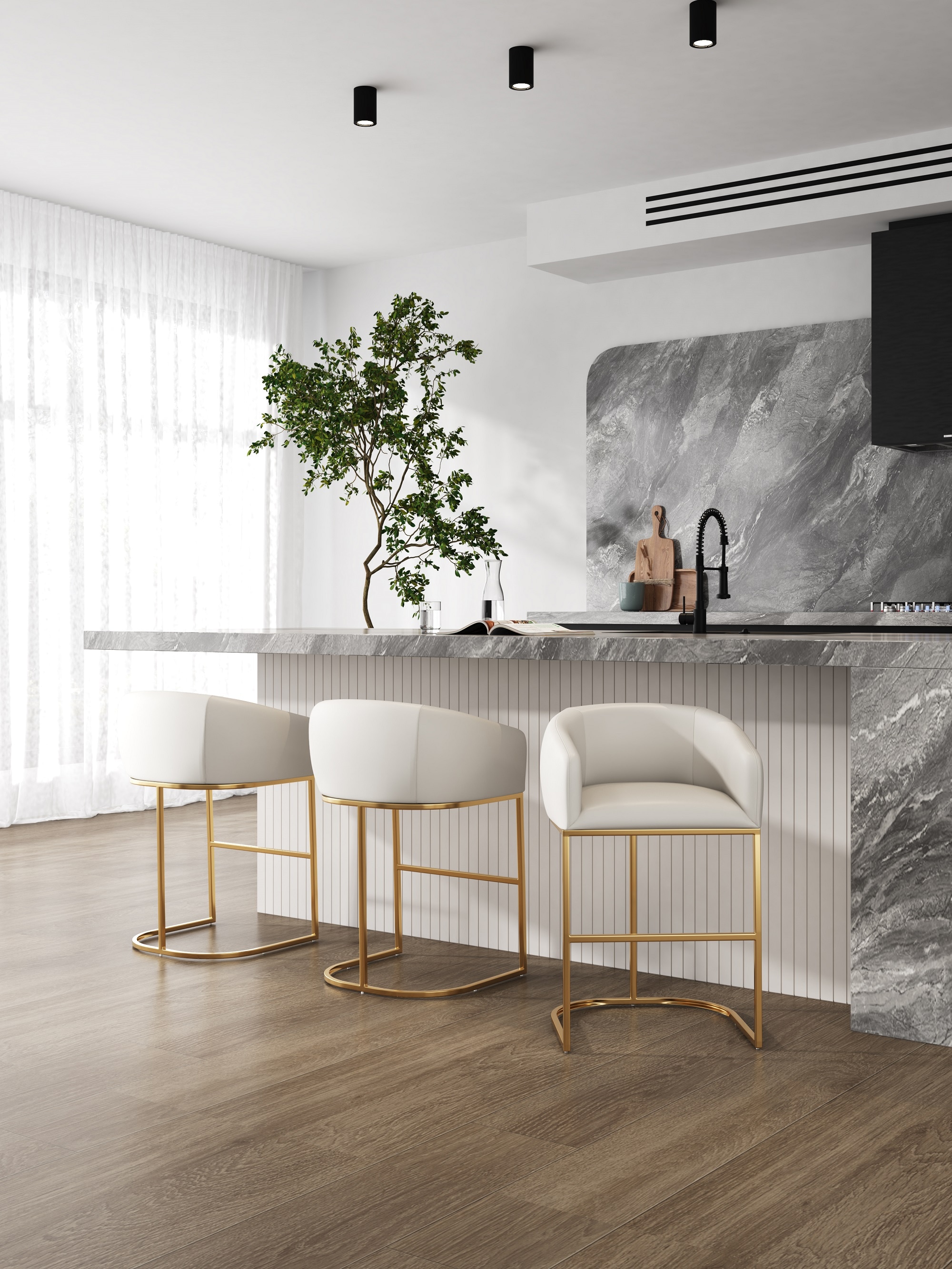 Manhattan Comfort 3-BS016-CR Louvre 3 -Set Cream and Titanium Gold 30-in H Bar height Bucket seat Upholstered Metal Bar Stool with Arms and Back