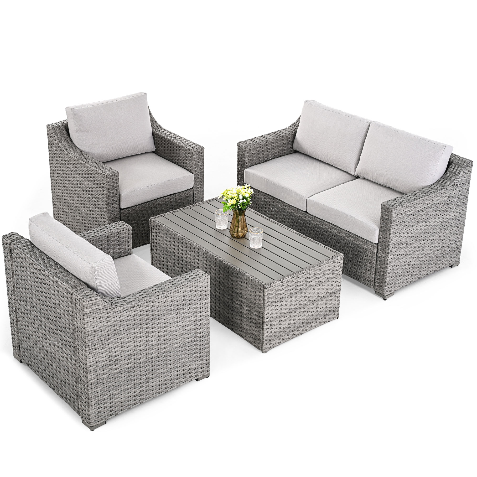  EL-SF4-GB-WL3 4 -Piece Wicker Patio Conversation Set with Off-white Cushions