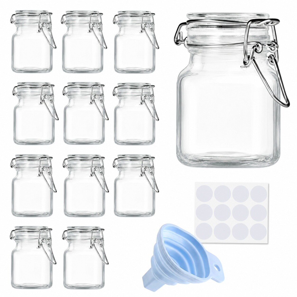 Aoibox  4 oz Clear Square Glass Spice Jars with Airtight Hinged Lids Labels and Funnels in Silver Set of 12