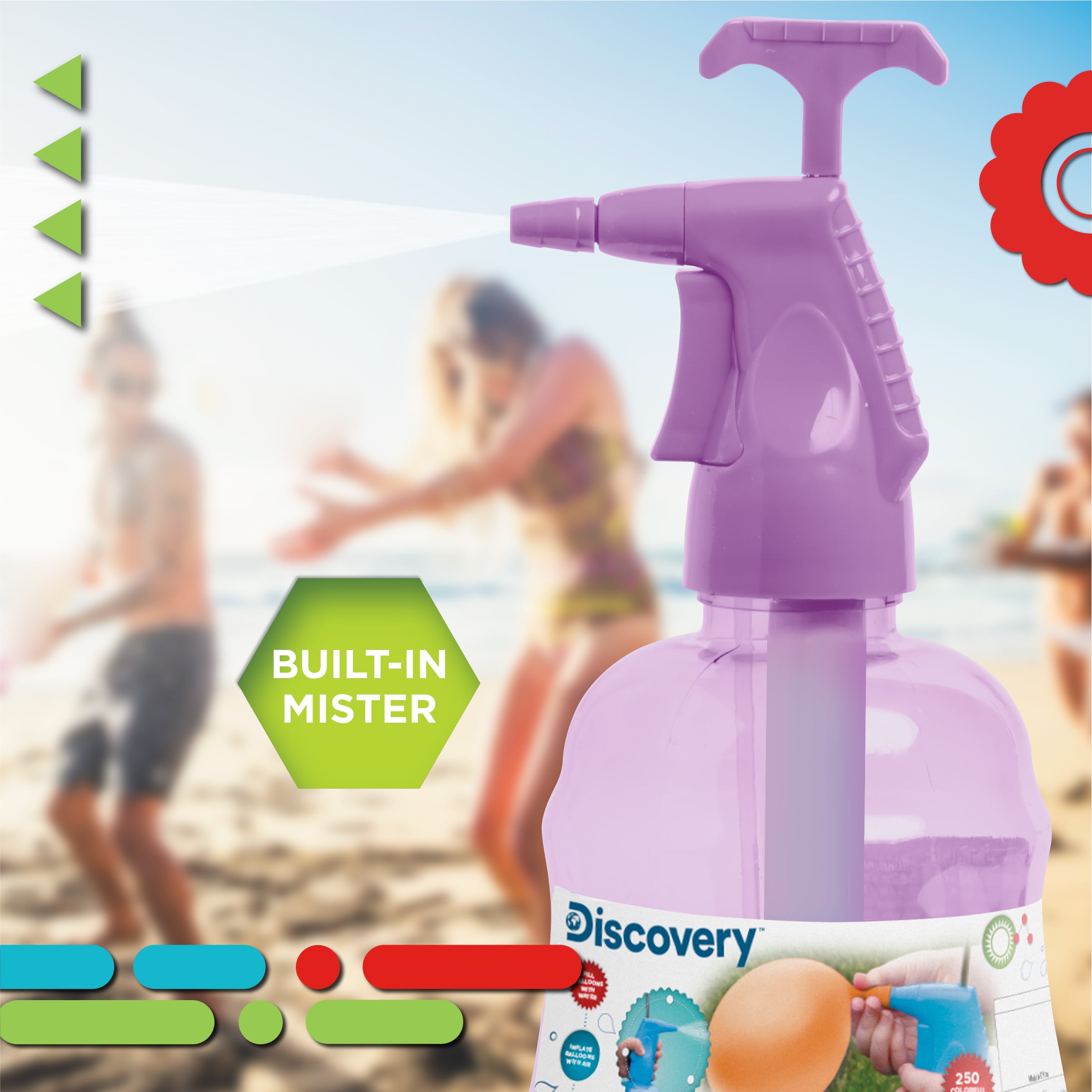Blow Up with Air Active Play Outdoors Portable Discovery Kids 3-in-1 Balloon Pumper with 250 Multicolor Water Balloons Easy-Fill Nozzle Cool Down Mister Fill with Water No Tap or Hose Required 