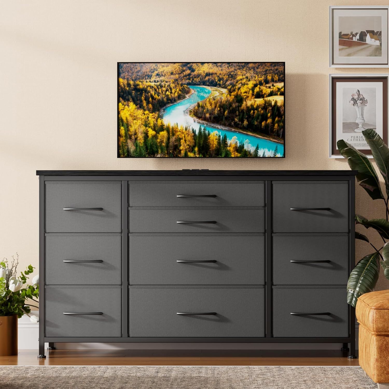 Garvee - Modern 10 Drawer Large Dresser for 55 inch Long TV Cabinet Metal Framed Entertainment Ce...