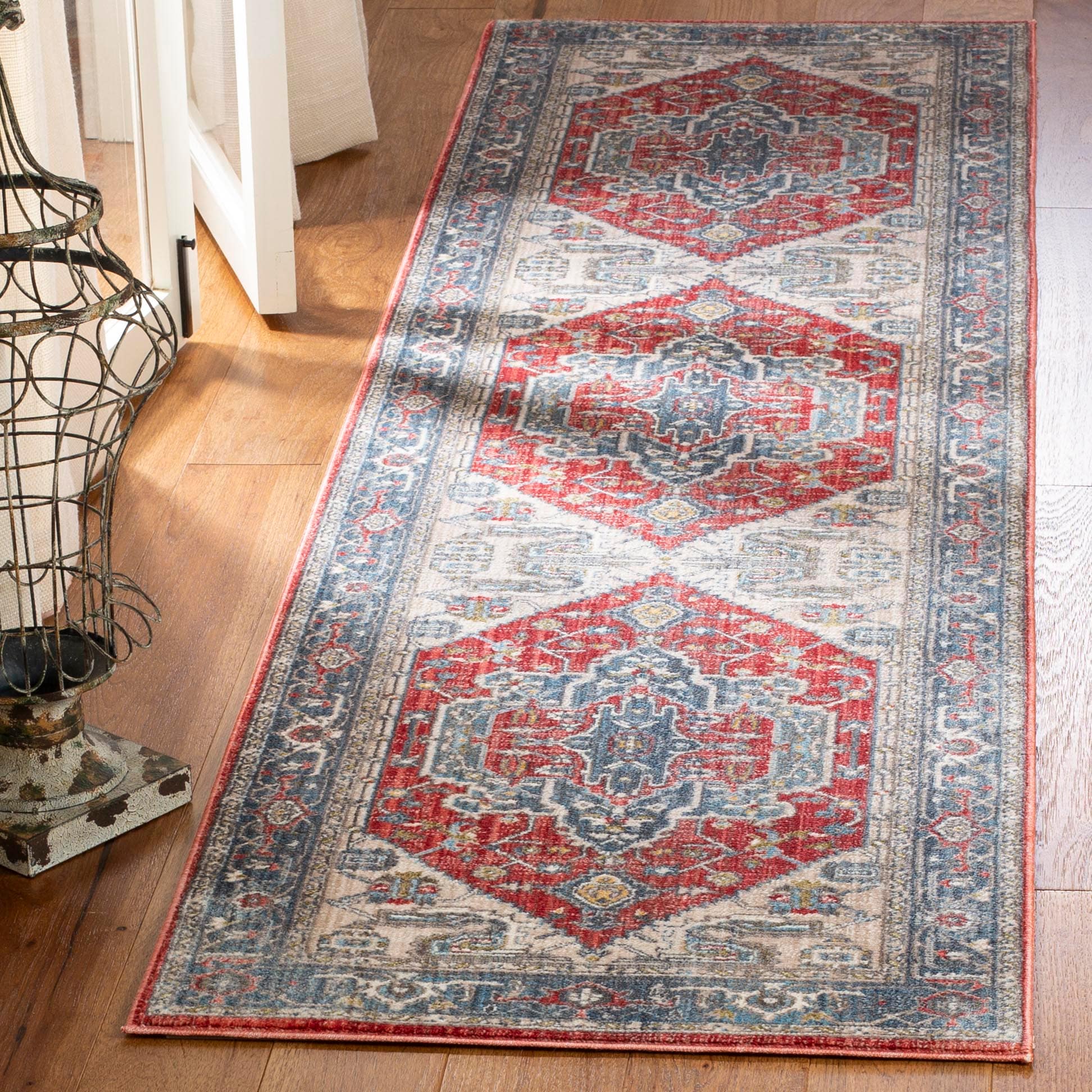 Red and Blue Floral Motif Low Pile Runner Rug