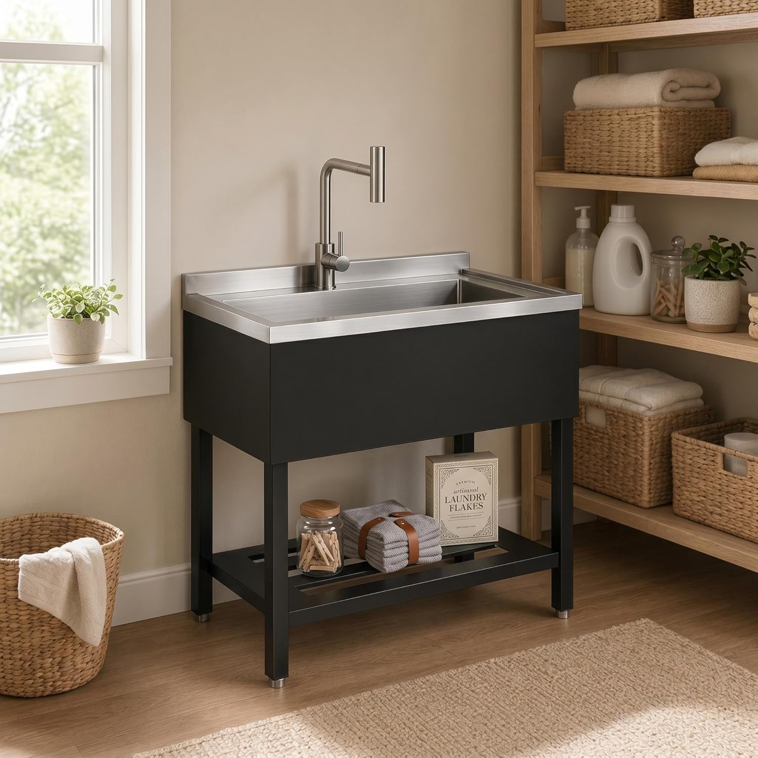 IdealHouse Stainless Steel Utility Sink 36 in x 20 in x 39 in Freestanding Stainless Steel Single Bowl Laundry Sink with T Shape Faucet for Kitchen Bathroom Garage or Basement Easy Install