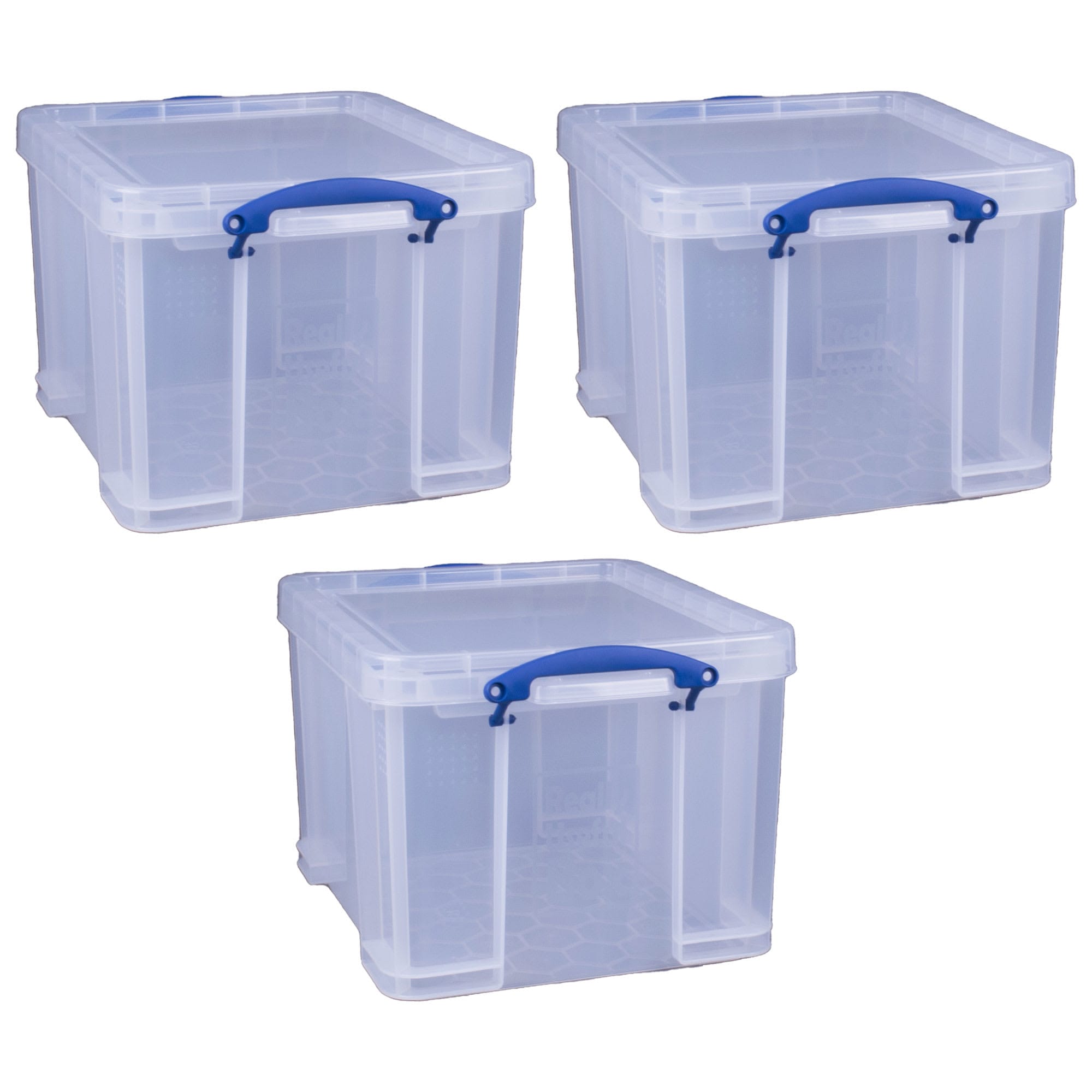 Really Useful Box 388409 Really Useful 32 Liter Boxes 3 pack. Transparent durable and spacious these bins offer secure clip lock lids. Ideal for home or office stack to declutter spaces and keep items organized and protected.