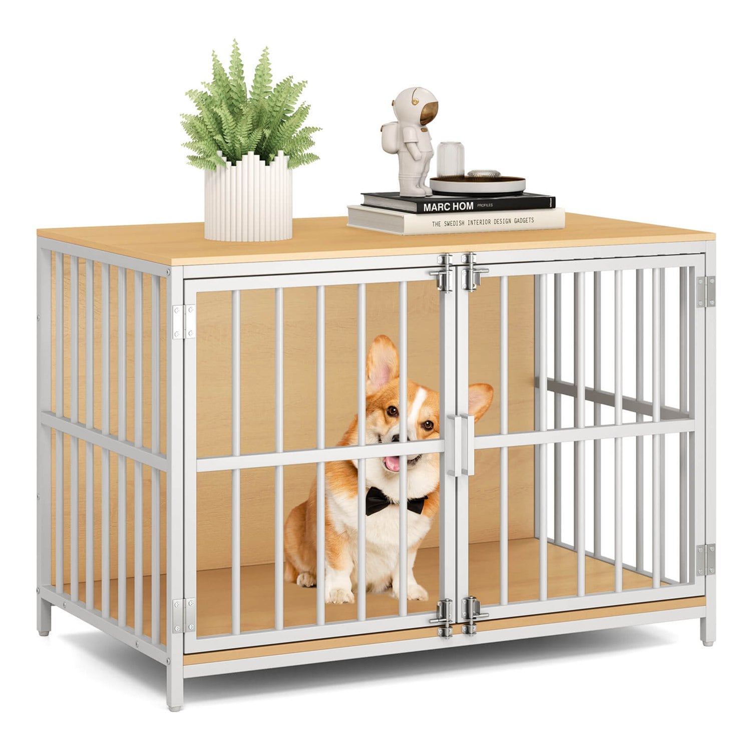 Costway CSHY001674 40 inches Heavy-duty Dog Crate Furniture with 2 Lockable Doors for Small Medium Breeds Natural