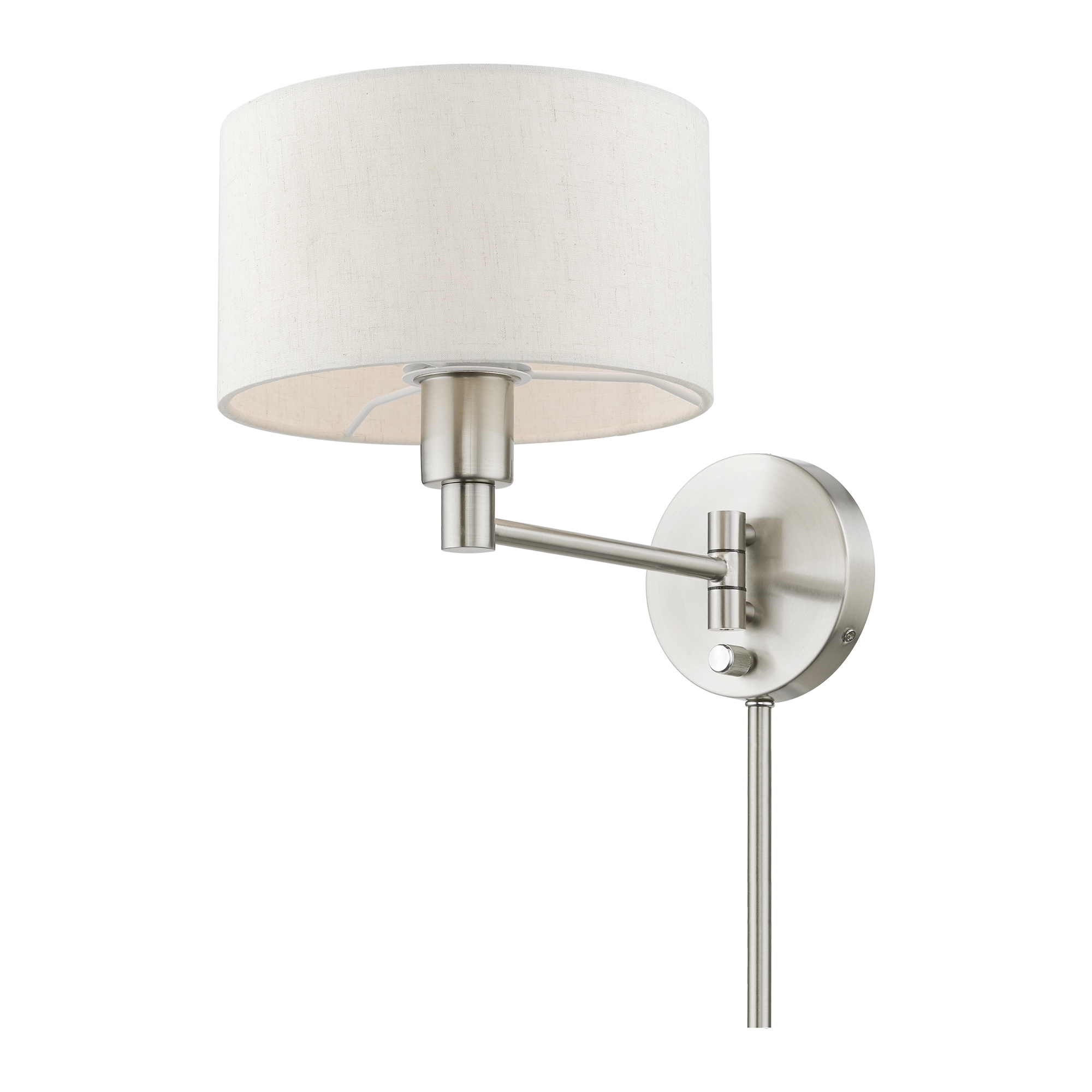 Transitional Brushed Nickel Swing Arm Wall Lamp with Oatmeal Fabric Shade
