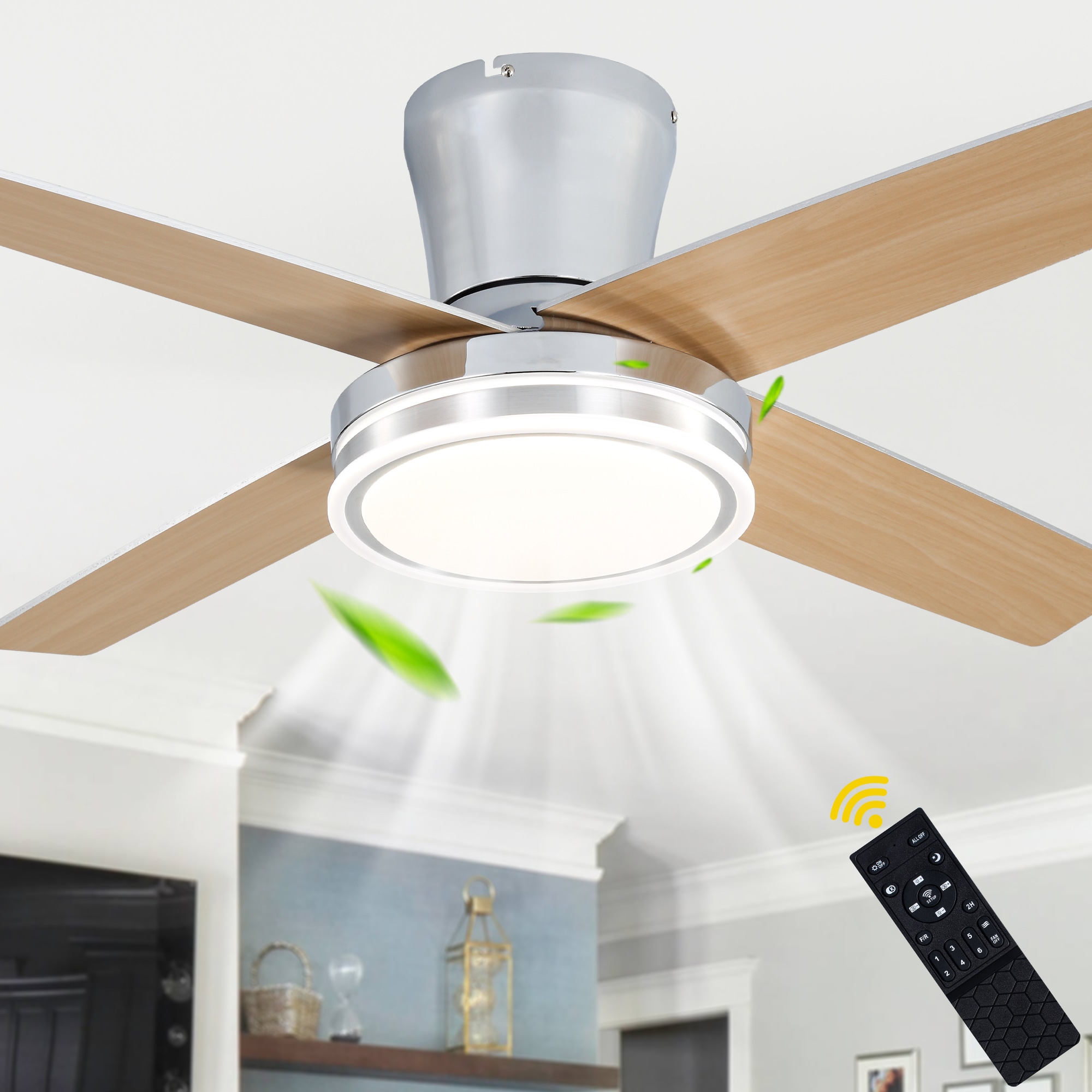 Oaks Decor DC4401OKEL-C Zaragoza 44-in Color-Changing Integrated LED Flush Mount Chrome with Modern/contemporary Blades Ceiling Fan With Light - Remote Included ( 4 -Blade )