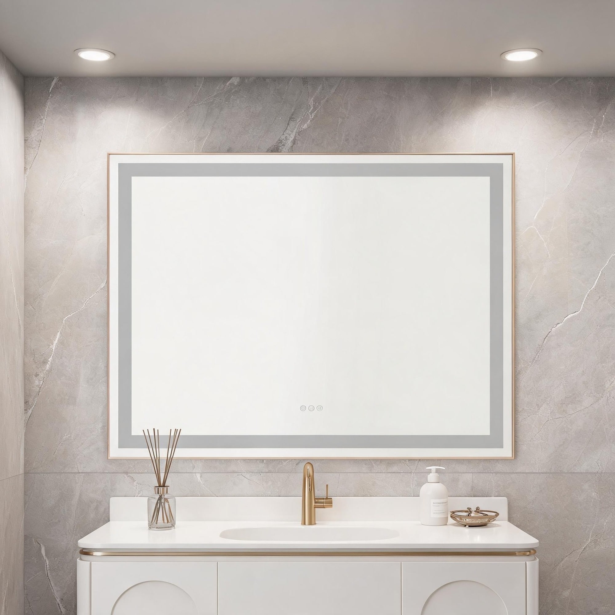 IAK 48 inch x 36 inch Gold Aluminium LED Lighted Bathroom Wall Mounted Mirror with High Lumen and Anti-Fog Separately Control