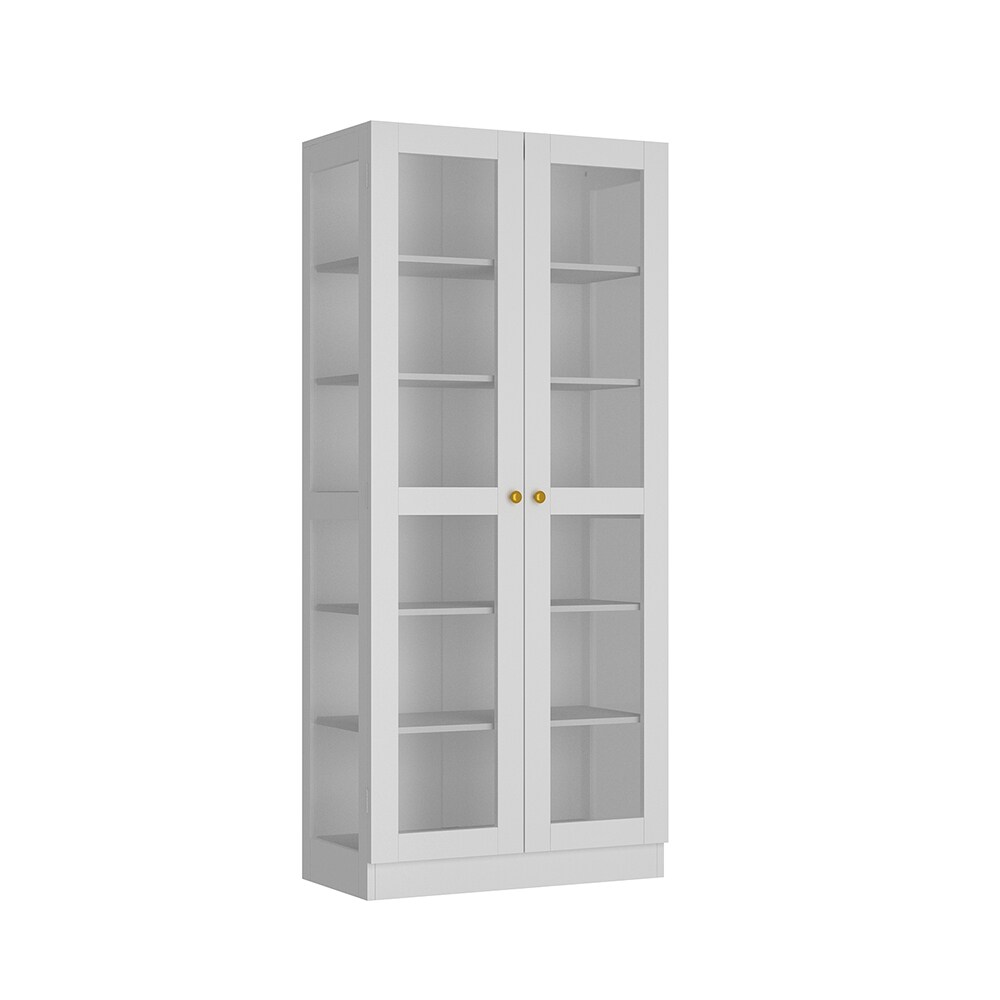  V-KF390032-01 Tall 6 Tier Bookcase Bookshelf with Glass Doors Wooden Storage Cabinet Display Cabinet for Living Room Home Office